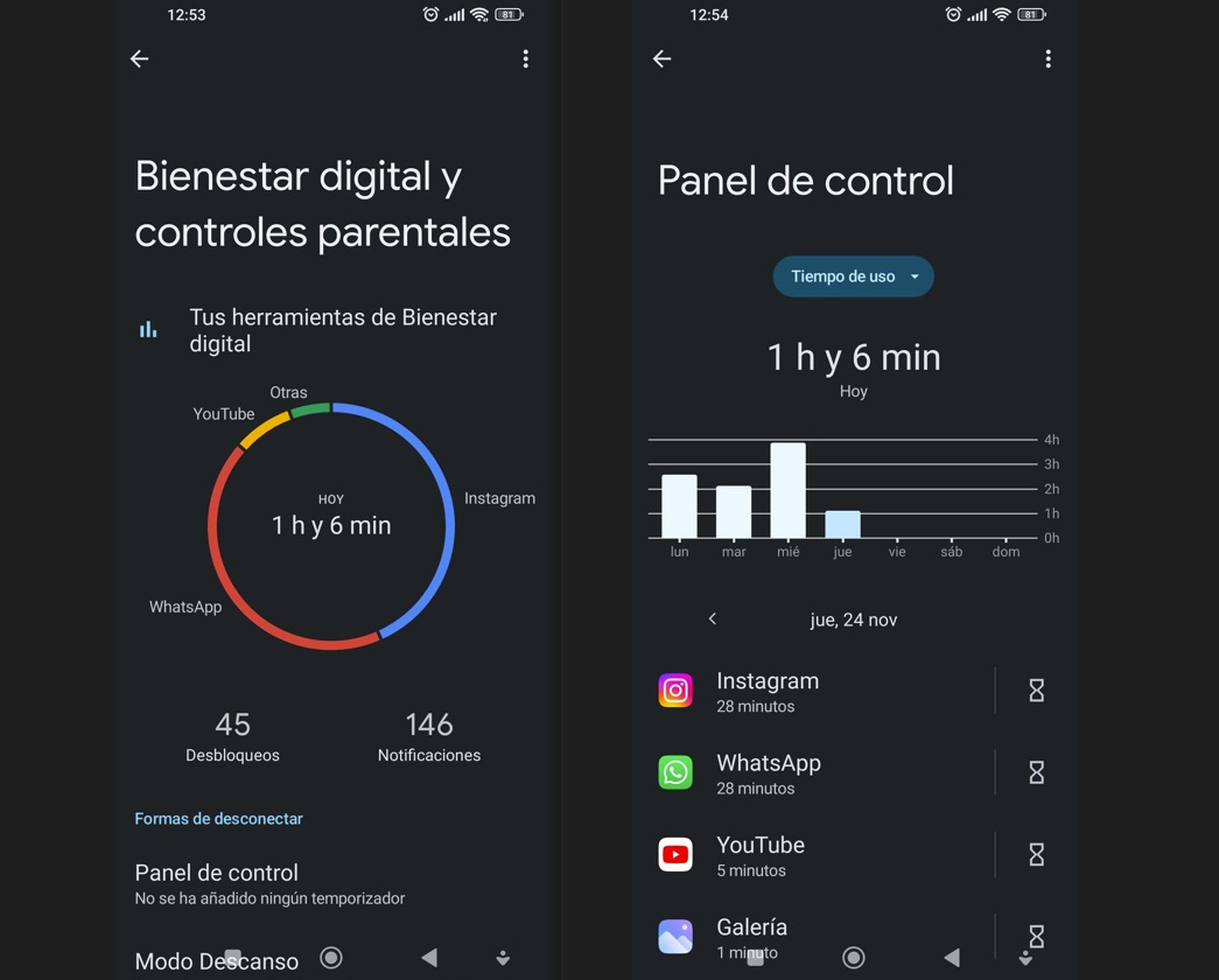 Ajustes de Android y app de Bienestar Digital