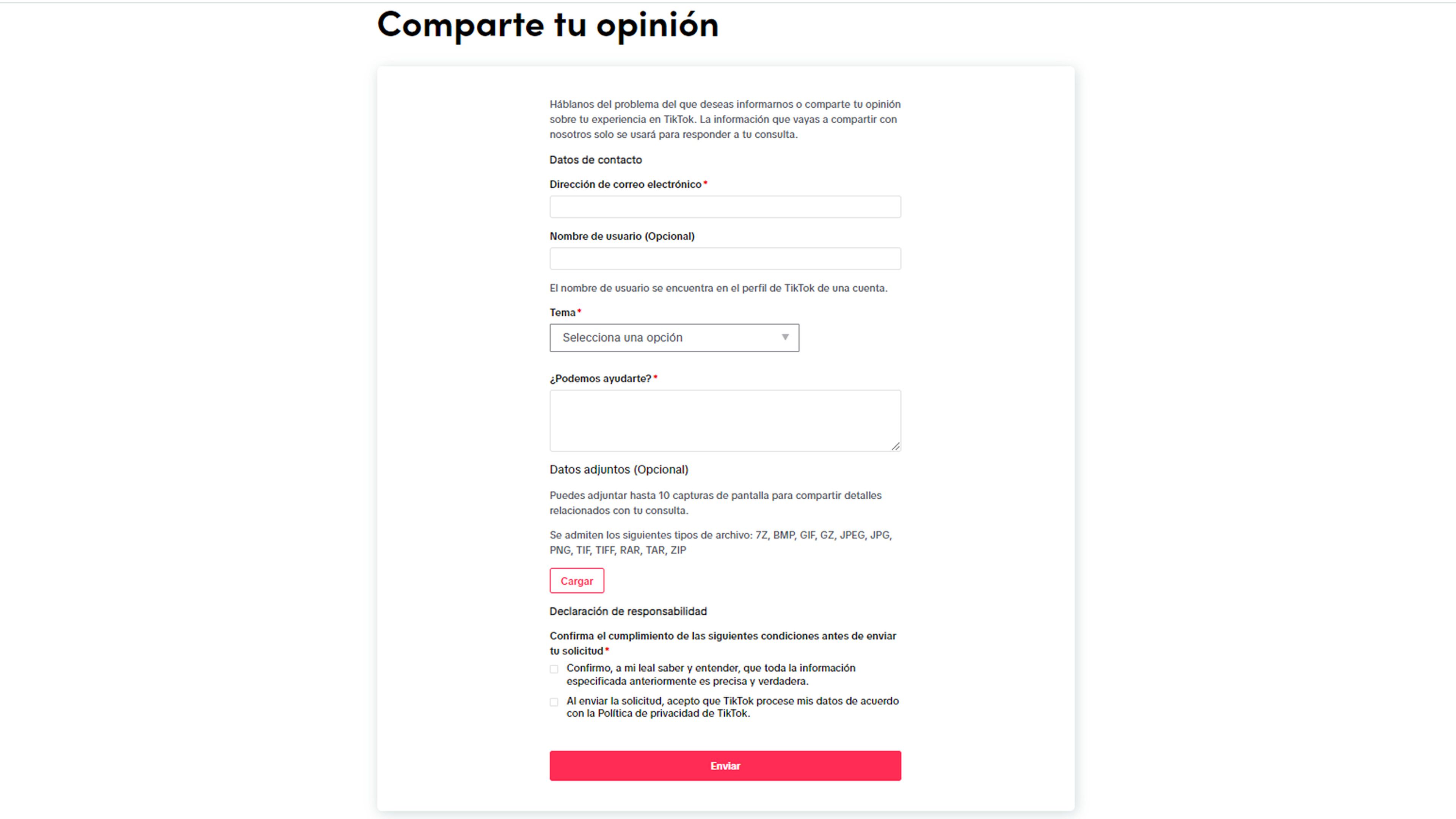 Formulario de TikTok