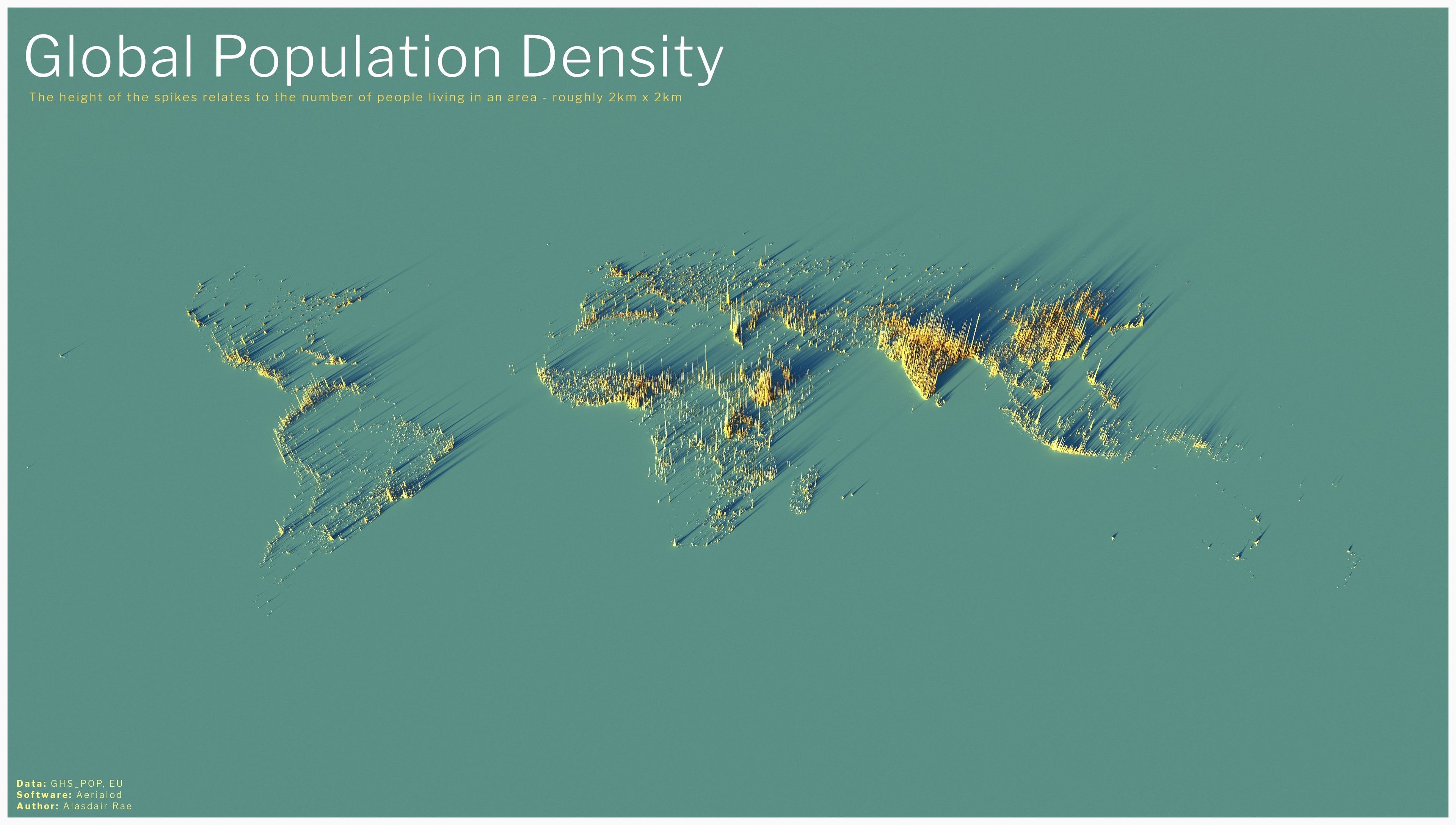 Este mapa que muestra la densidad de población del mundo en columnas, muchas zonas que desaparecen