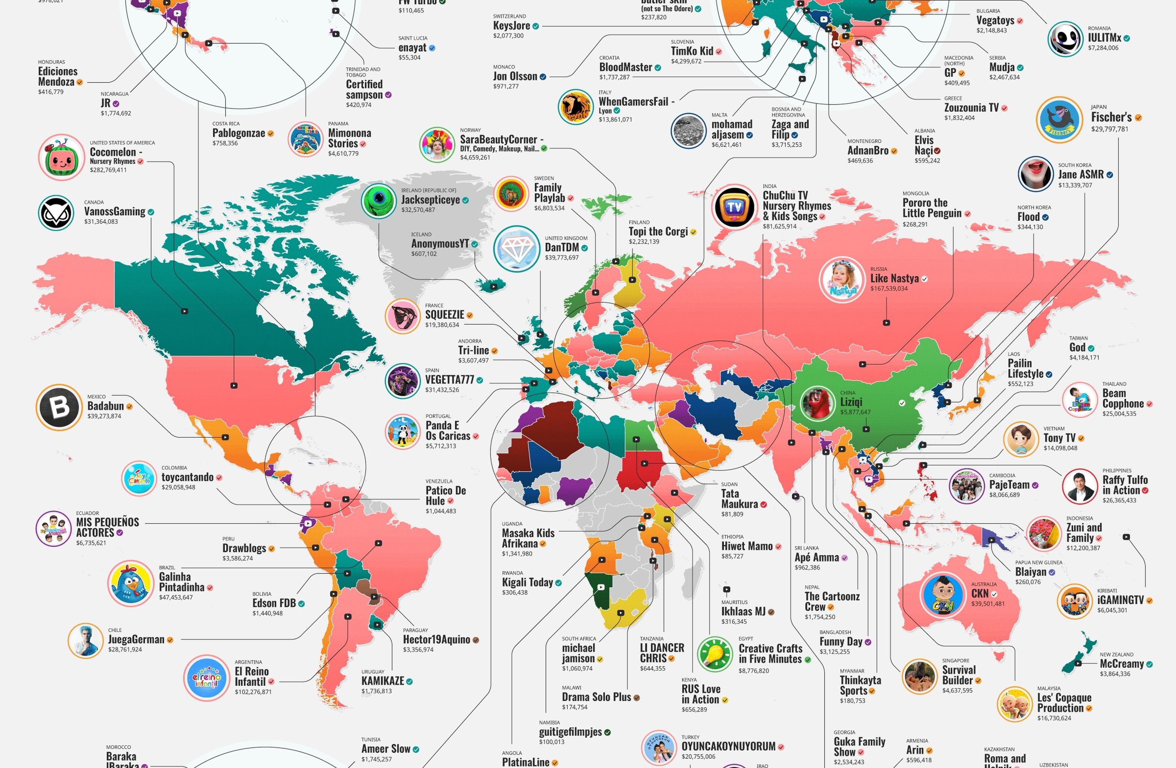El mapa de los YouTubers más ricos de cada país