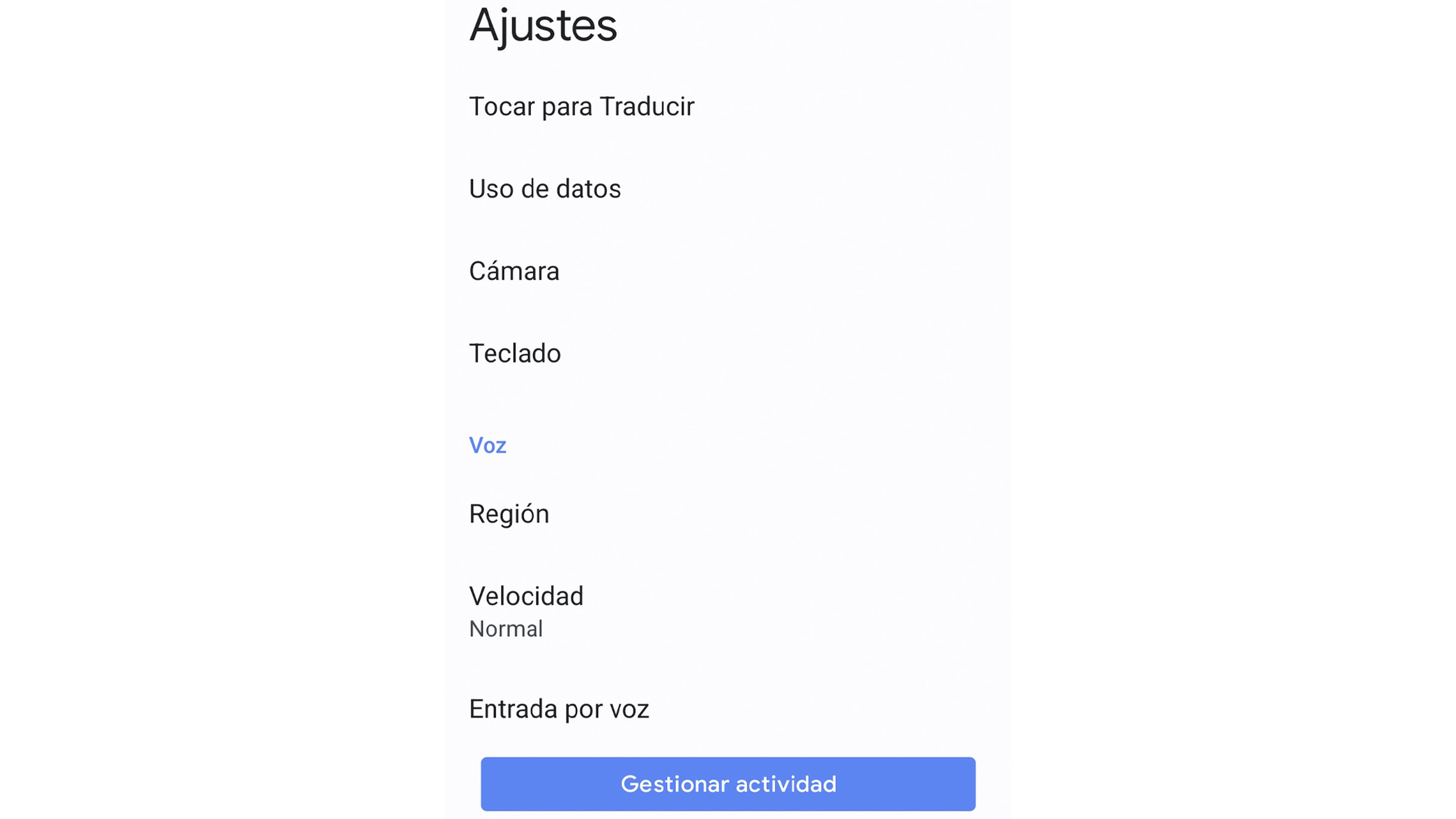 Menú Ajustes Google Traductor