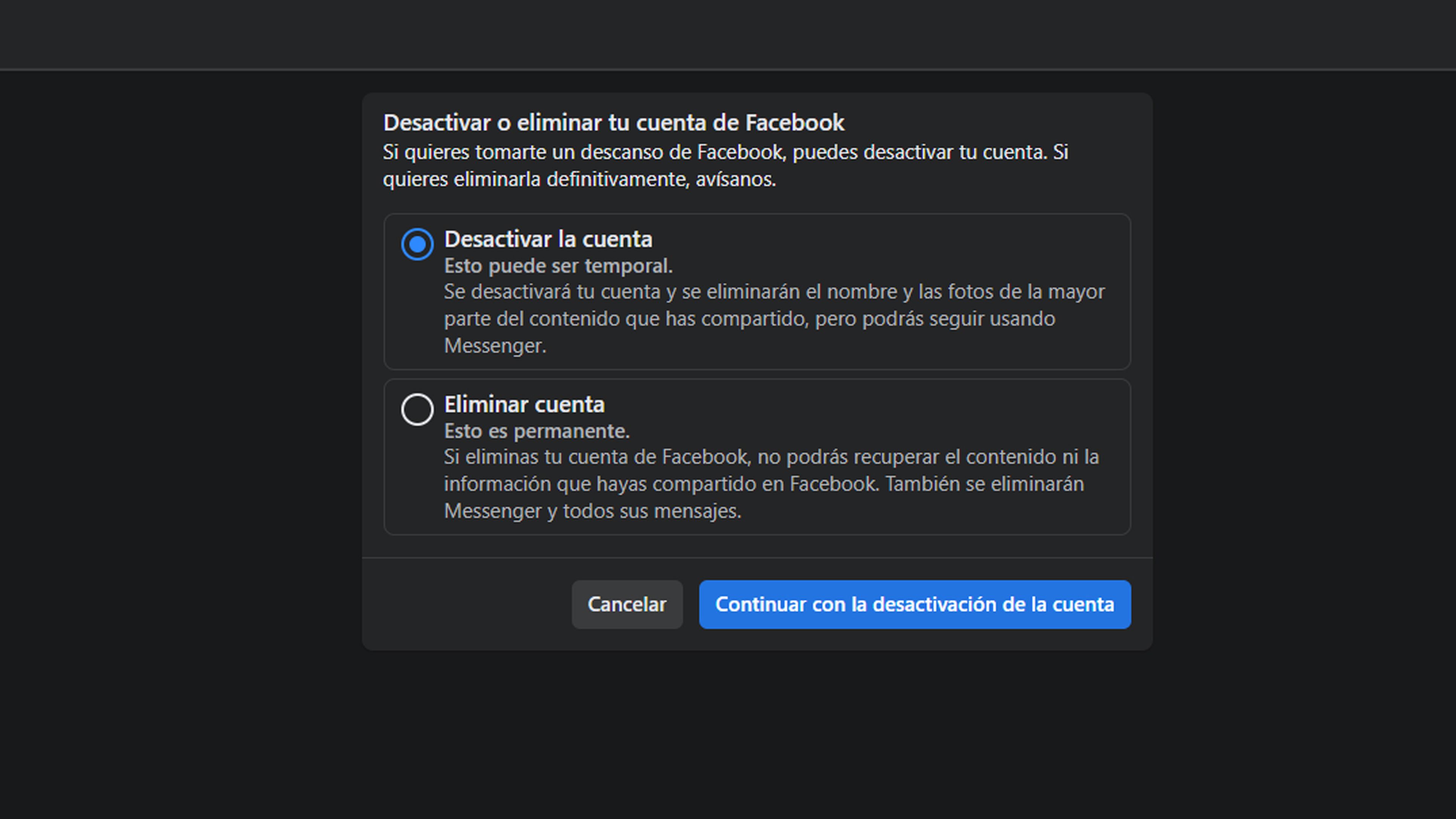 Desactivar cuenta de Facebook