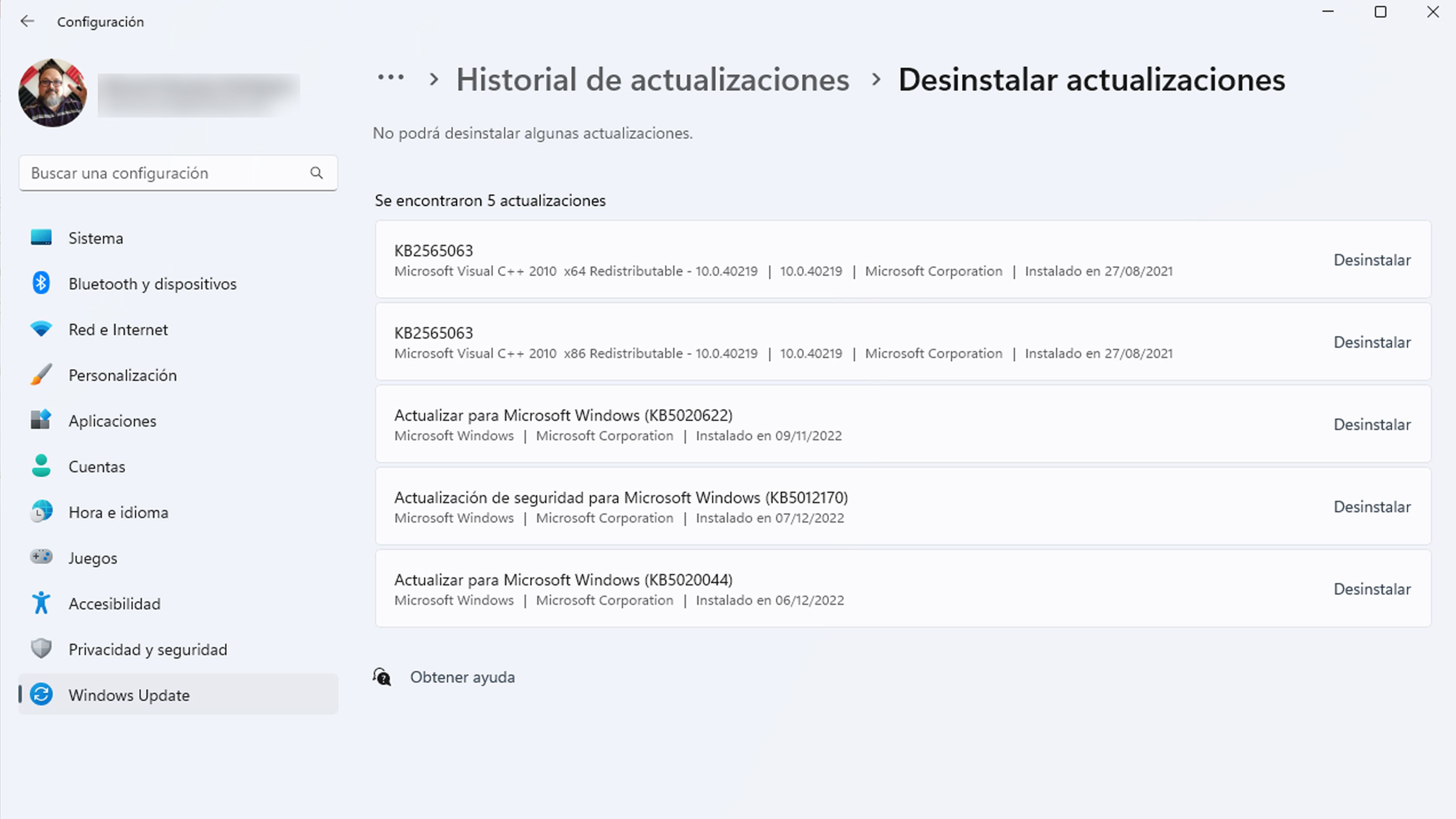 Desinstalar actualizaciones Windows 11