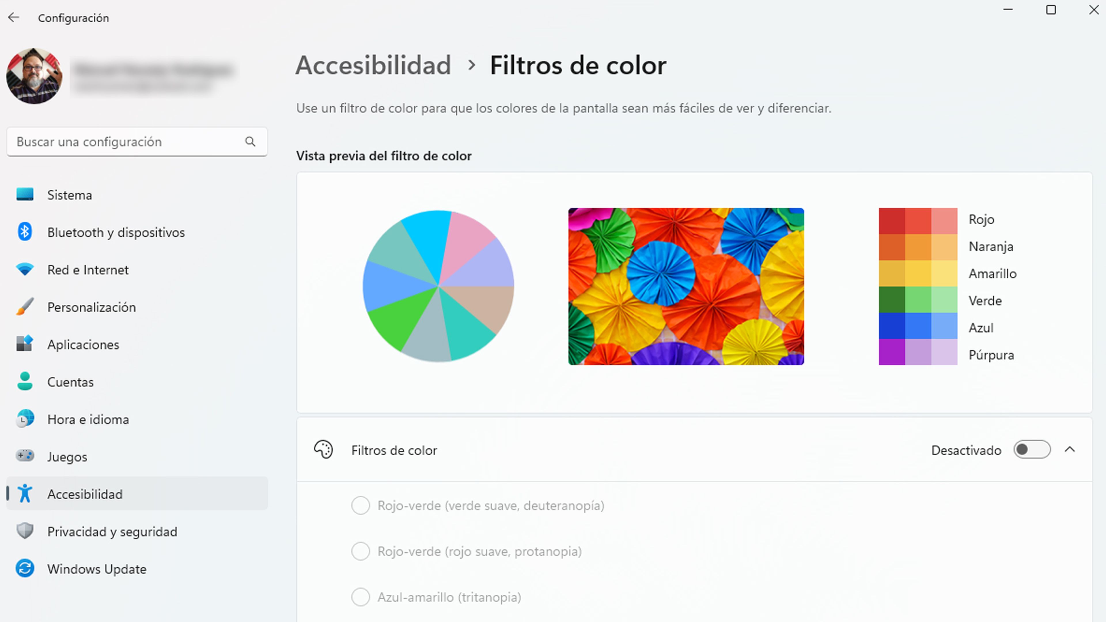 Filtros de color Windows 11