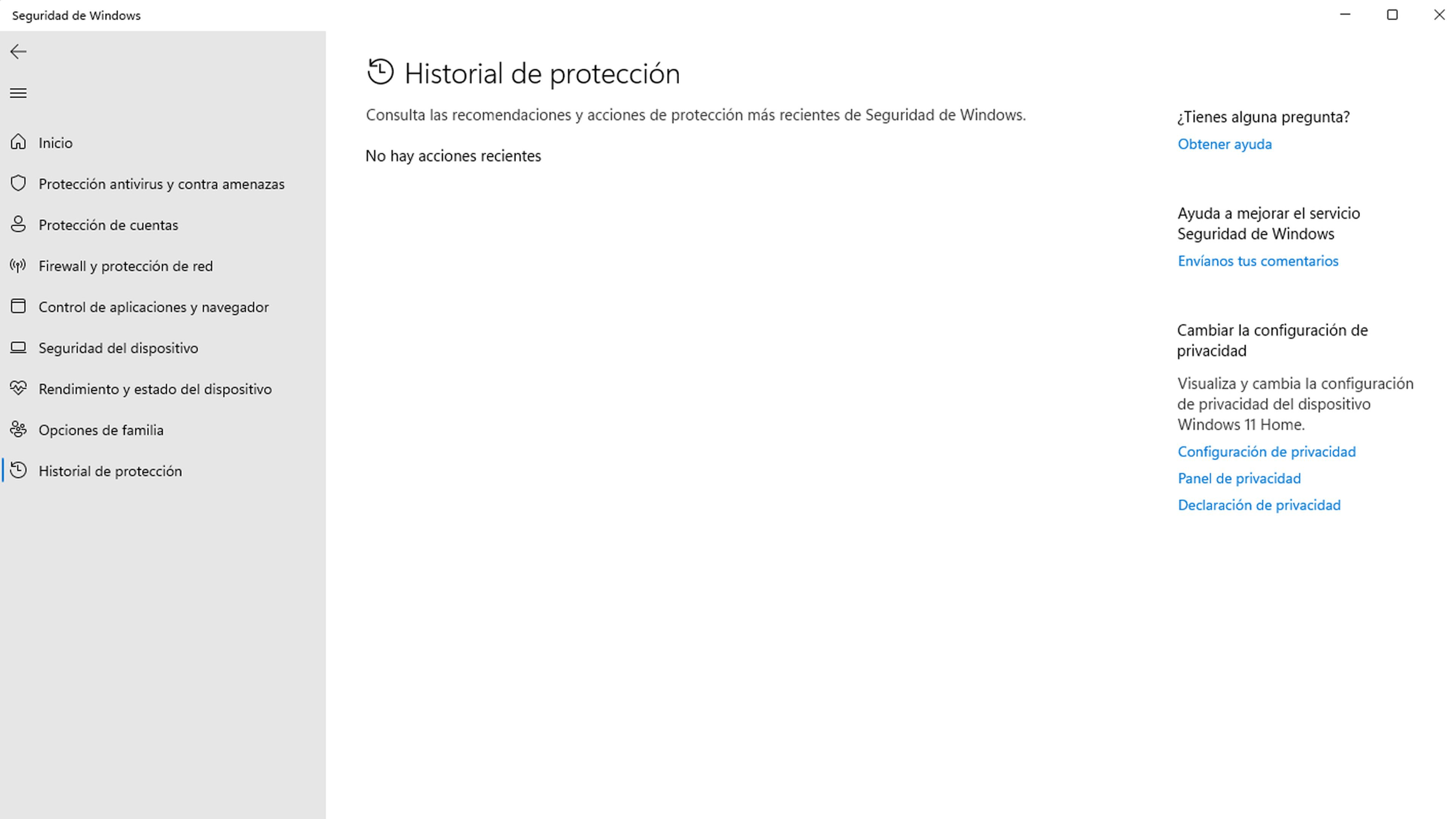Historial de protección en Windows 11