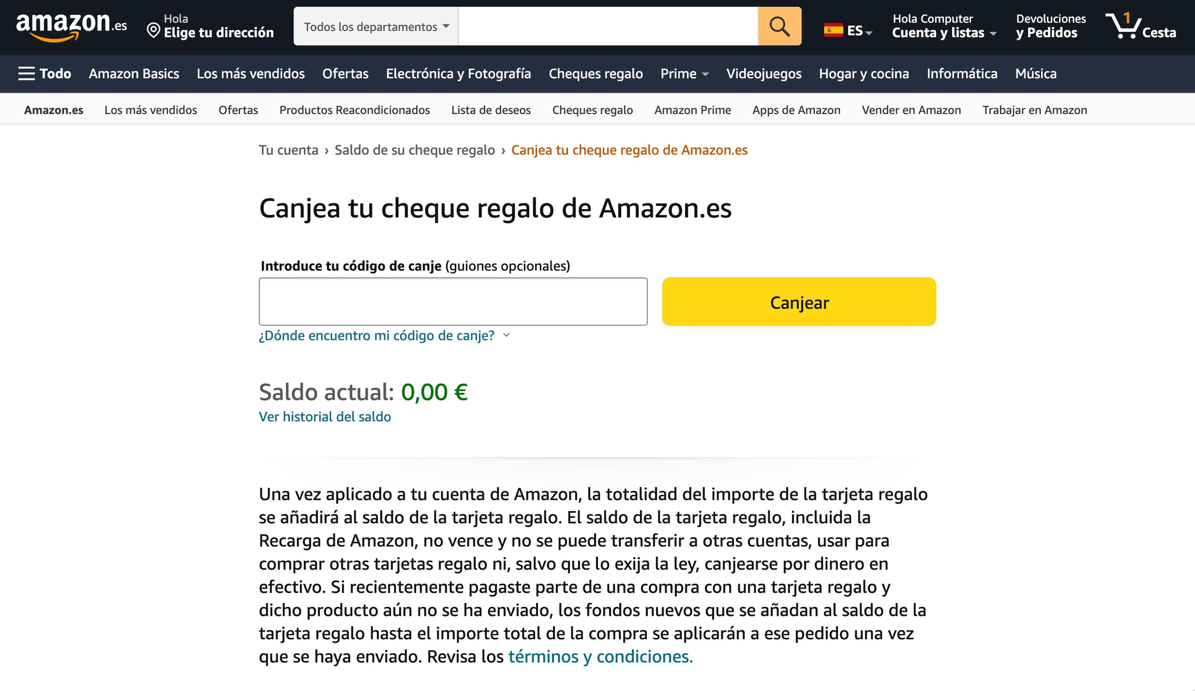 Página donde se puede canjear código de cheque regalo de Amazon