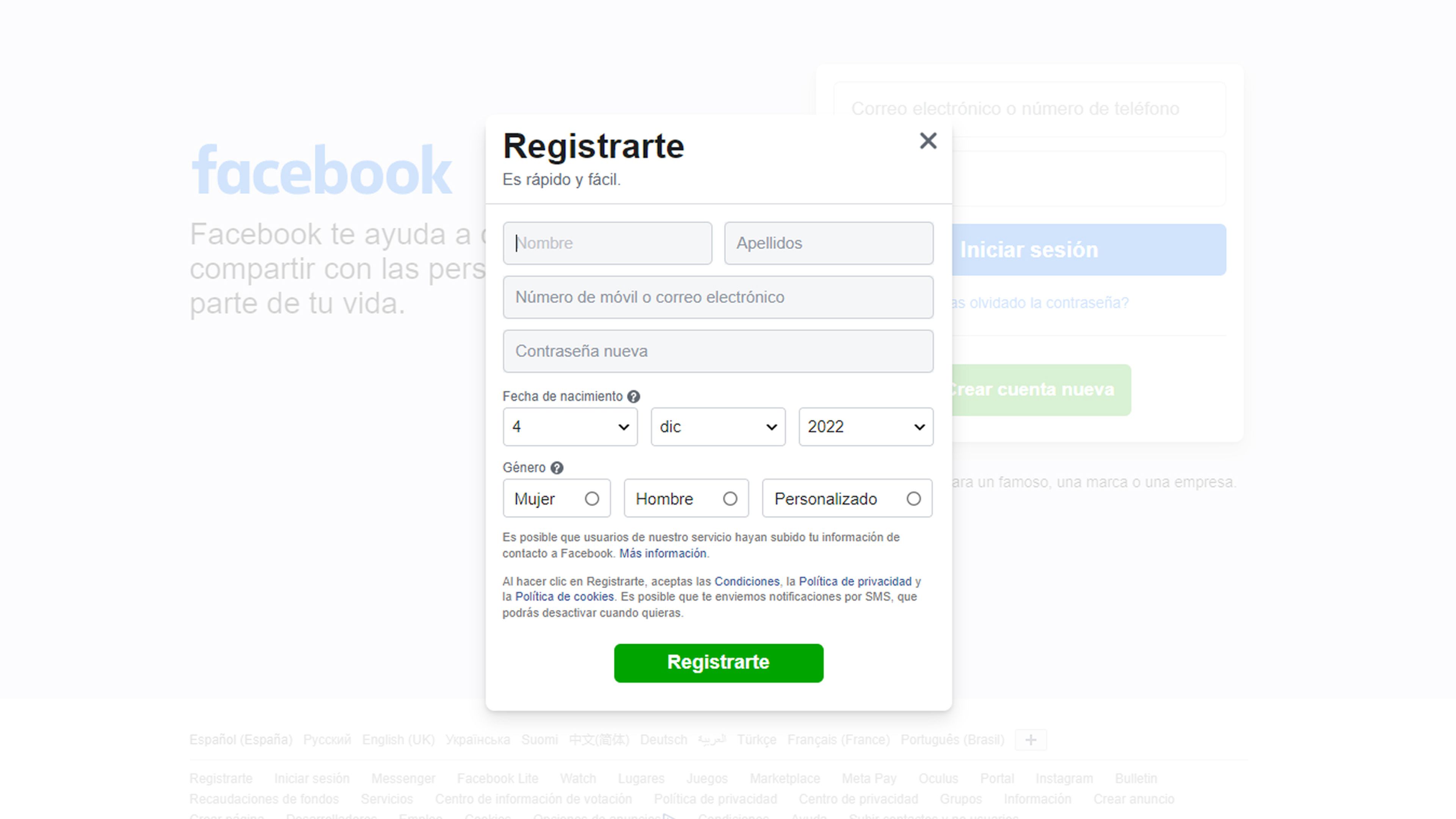 Registrarte en Facebook