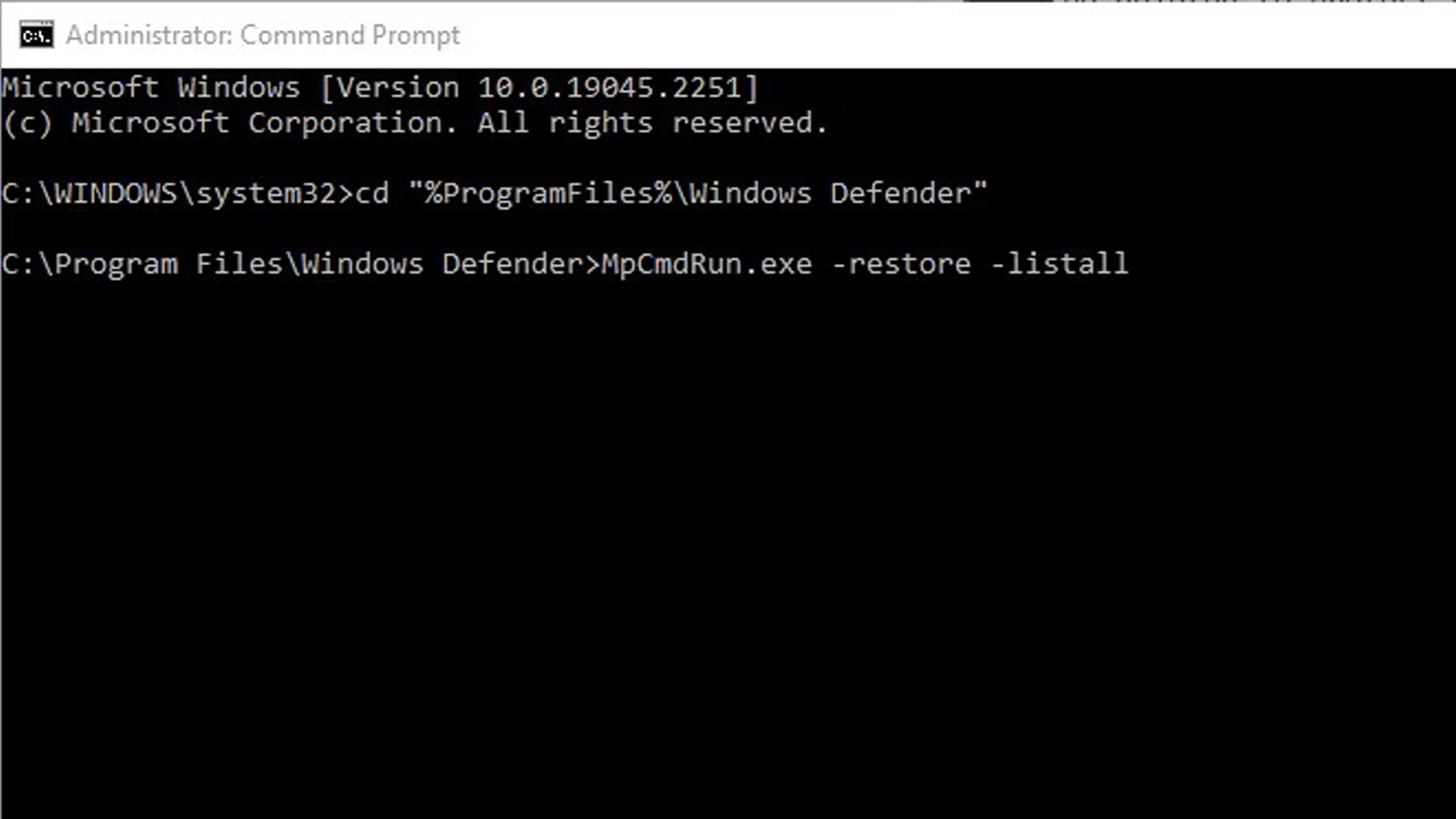 Restaurar archivo Microsoft Defender con Símbolo de sistema