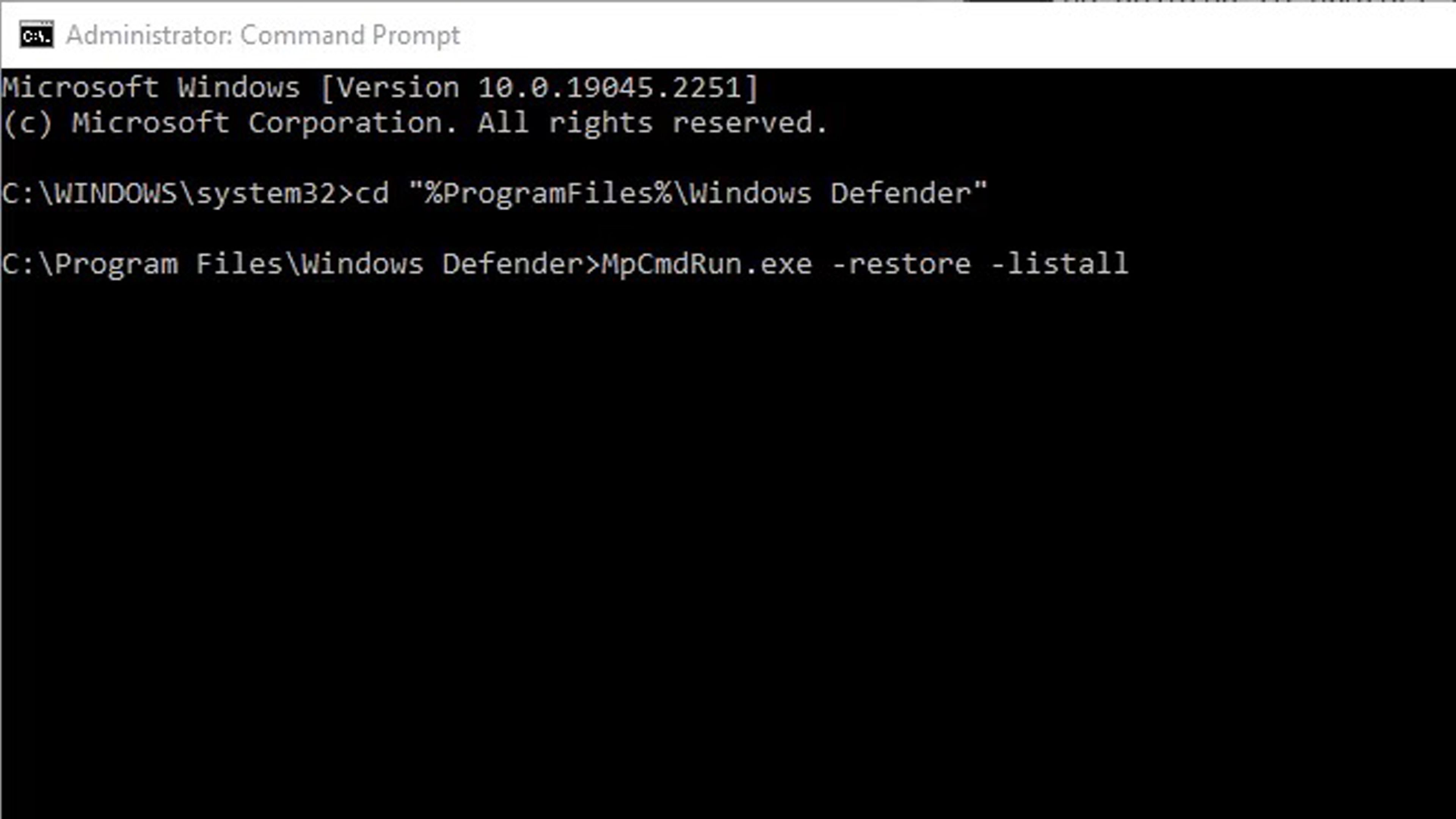 Restauração do arquivo do Microsoft Defender com o Prompt de Comando