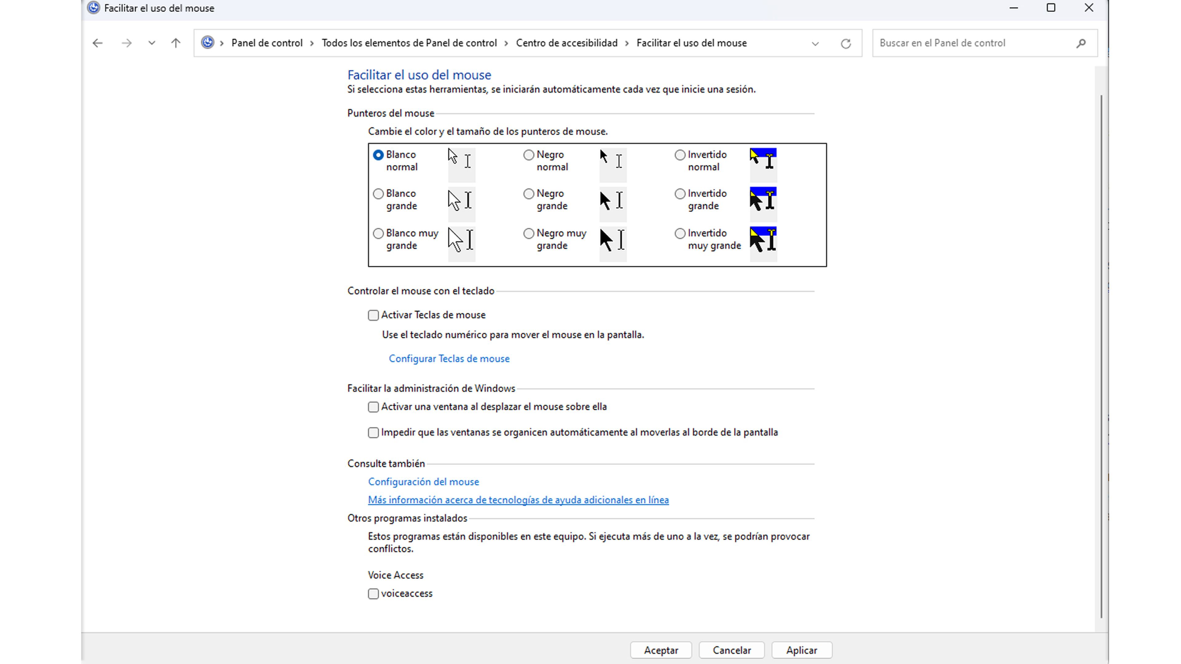 Cursor del ratón desde el Panel de control