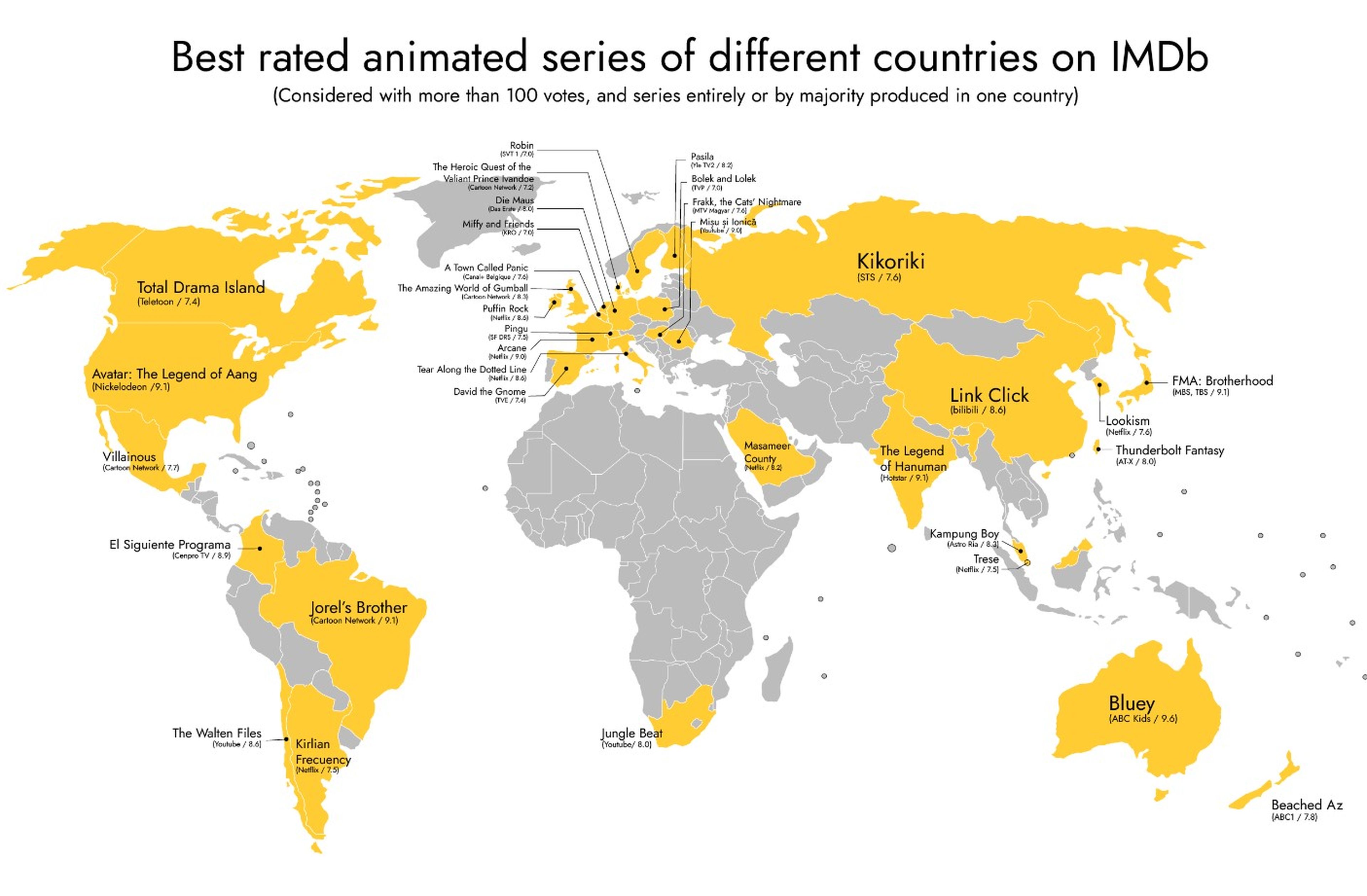 The map of the best rated cartoon series by country on IMDb 