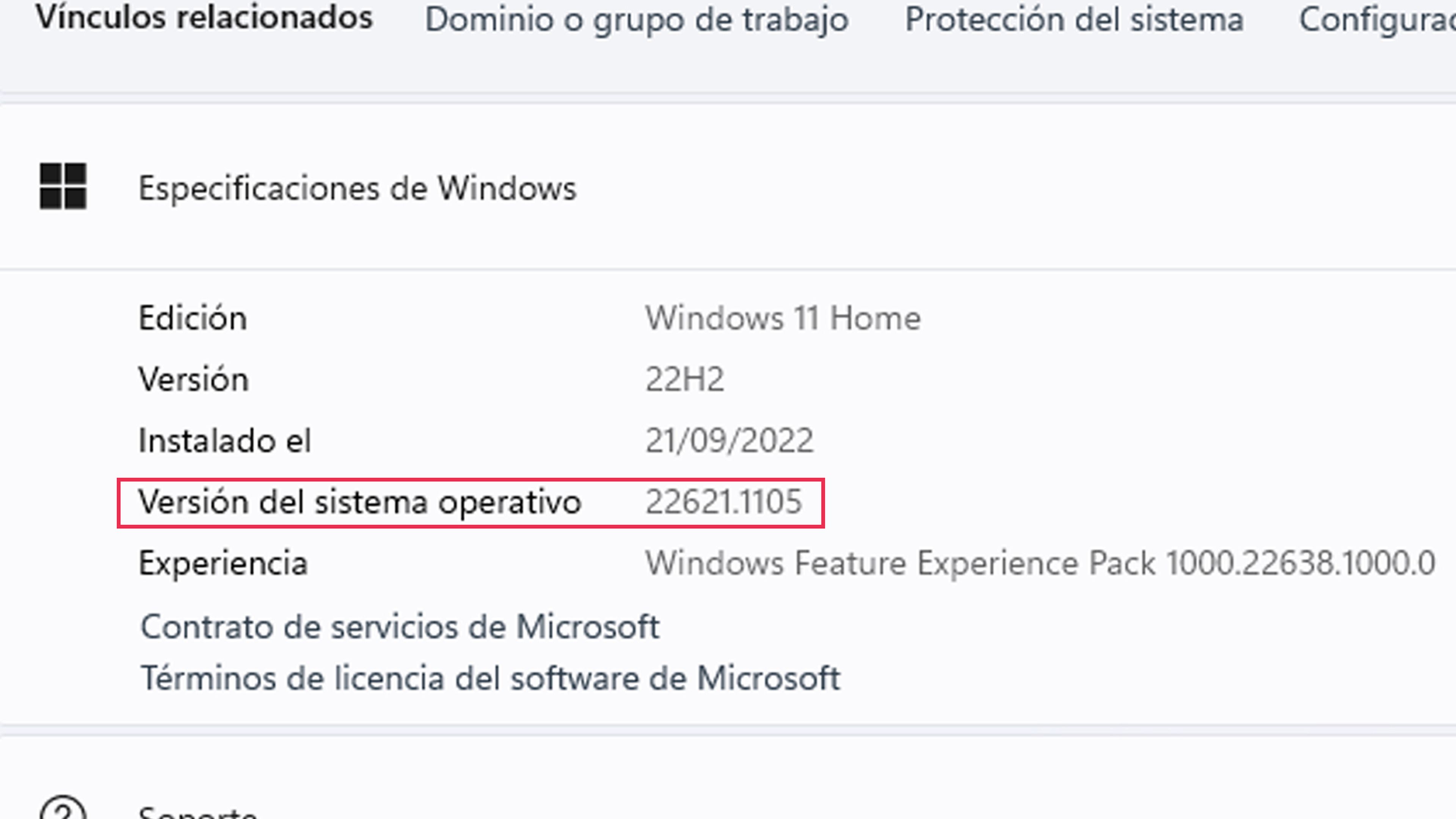 Versión del sistema operativo (Número de compilación) de Windows 11