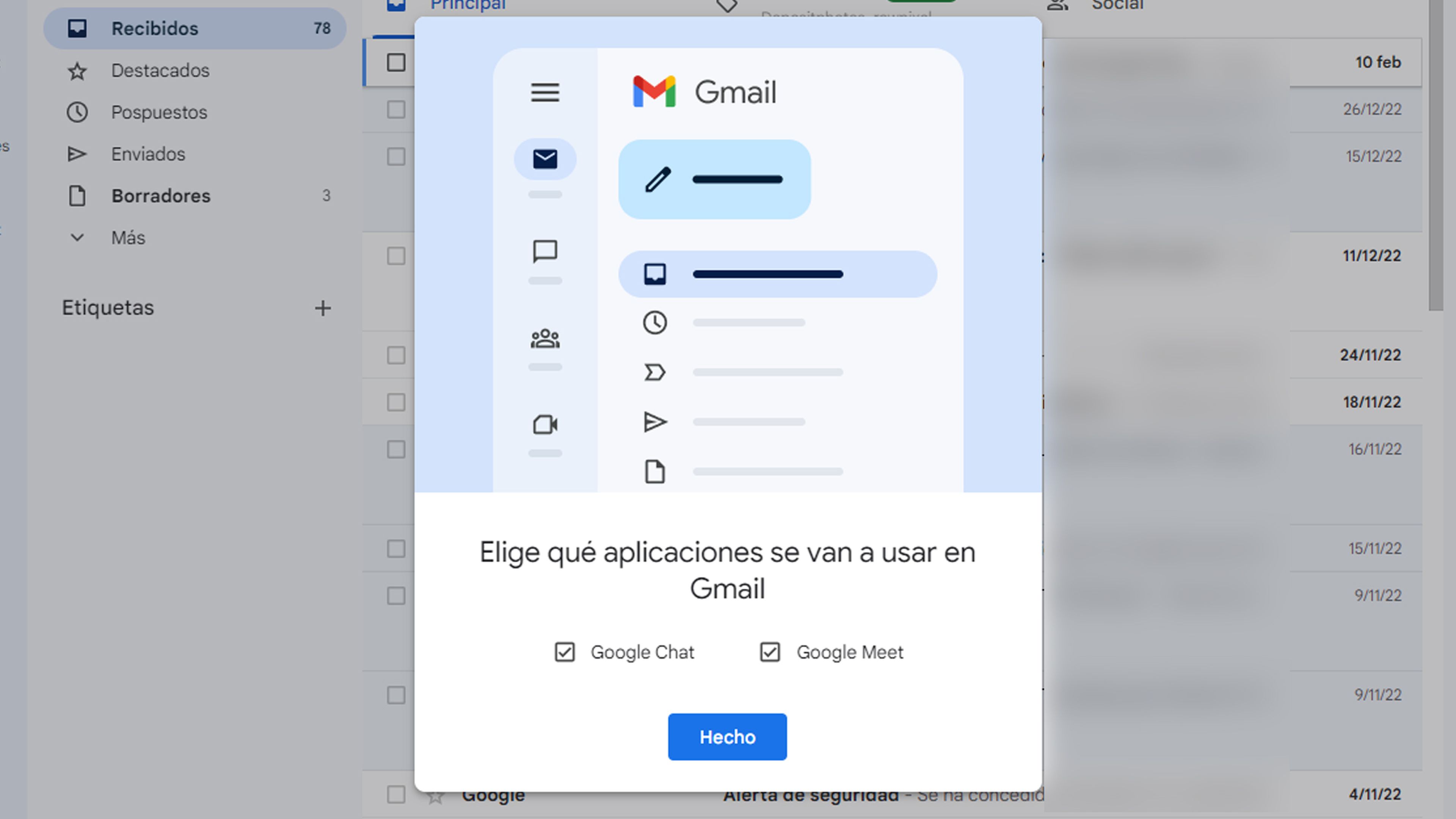 Eliminar Chat y Meet de Gmail