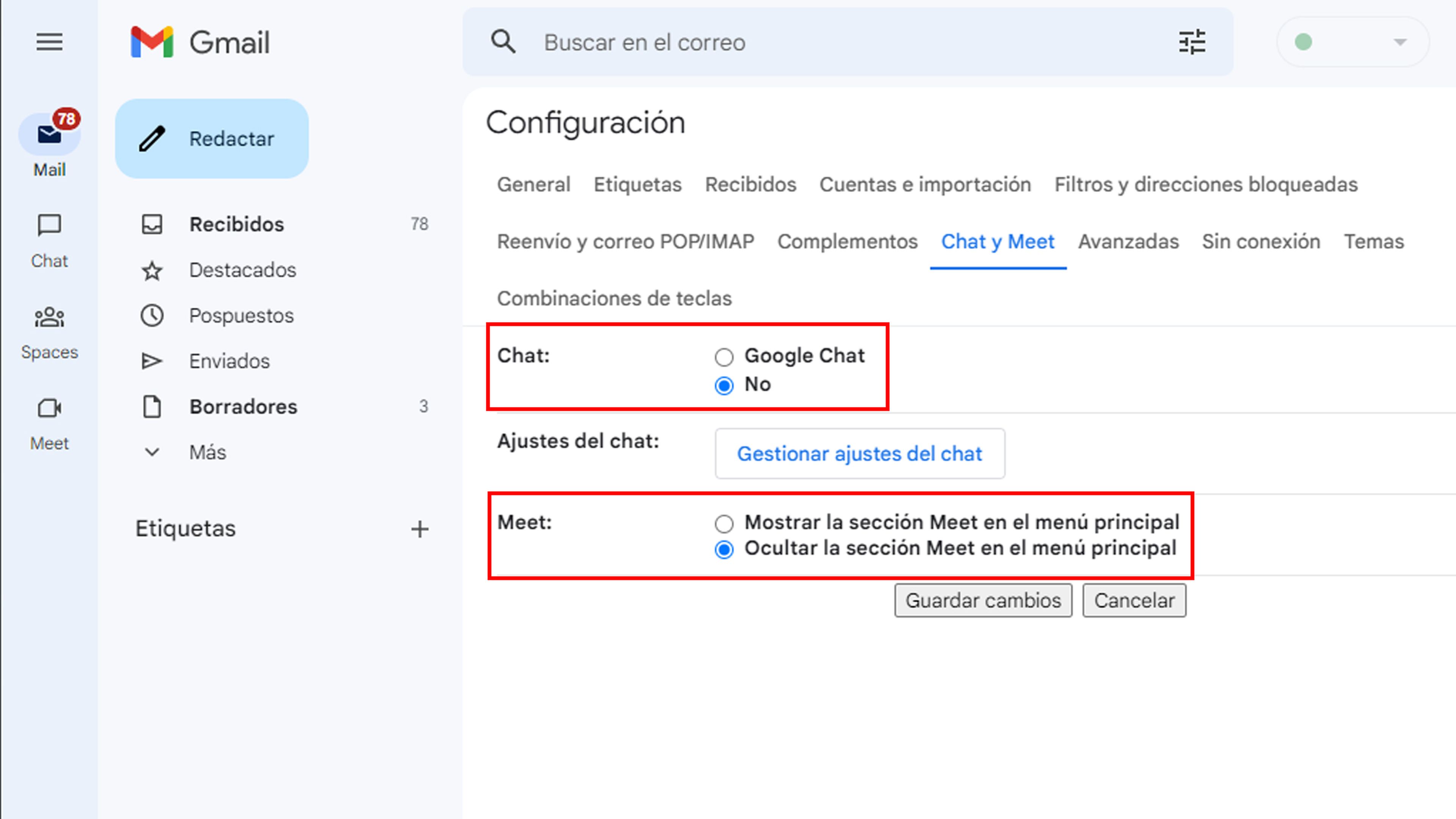 Eliminar Chat y Meet de Gmail