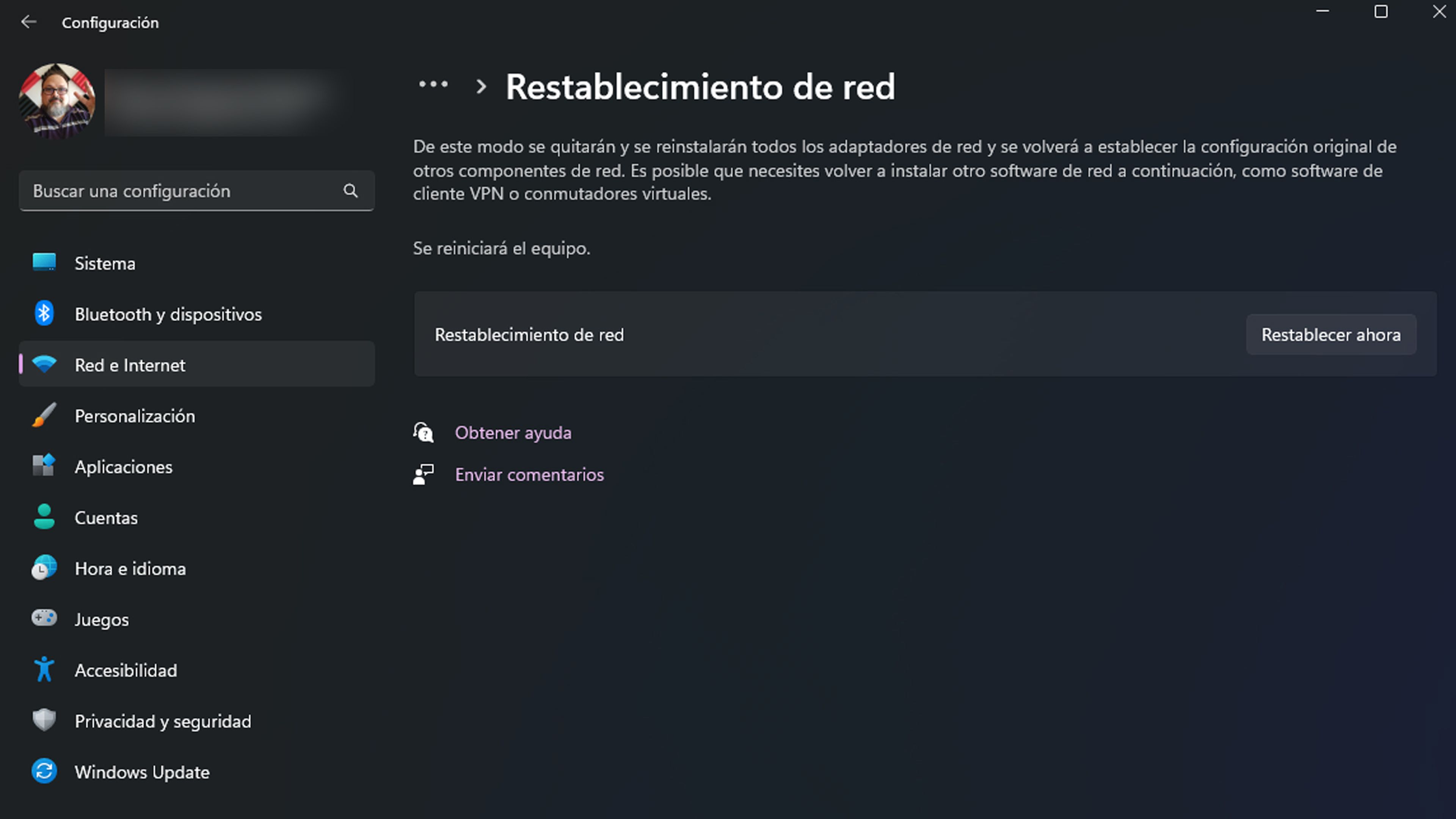 Restablecimiento de red