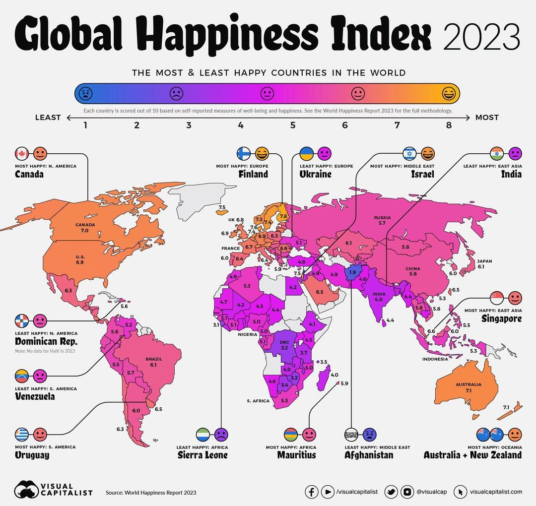 La carte avec les pays les plus heureux et les plus malheureux de 2023