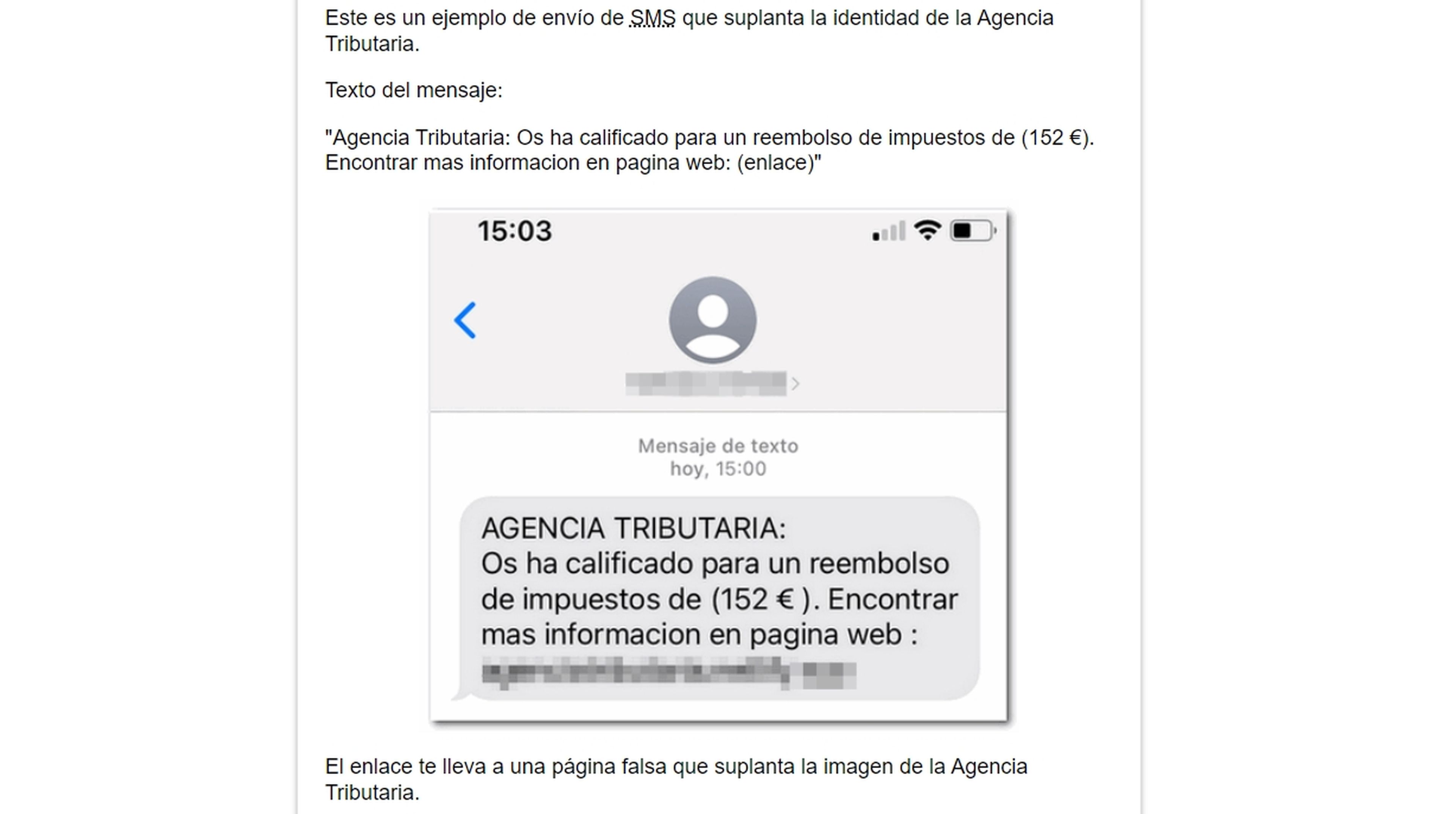 Ejemplo de suplantación de identidad vía SMS. Fuente: Agencia Tributaria.