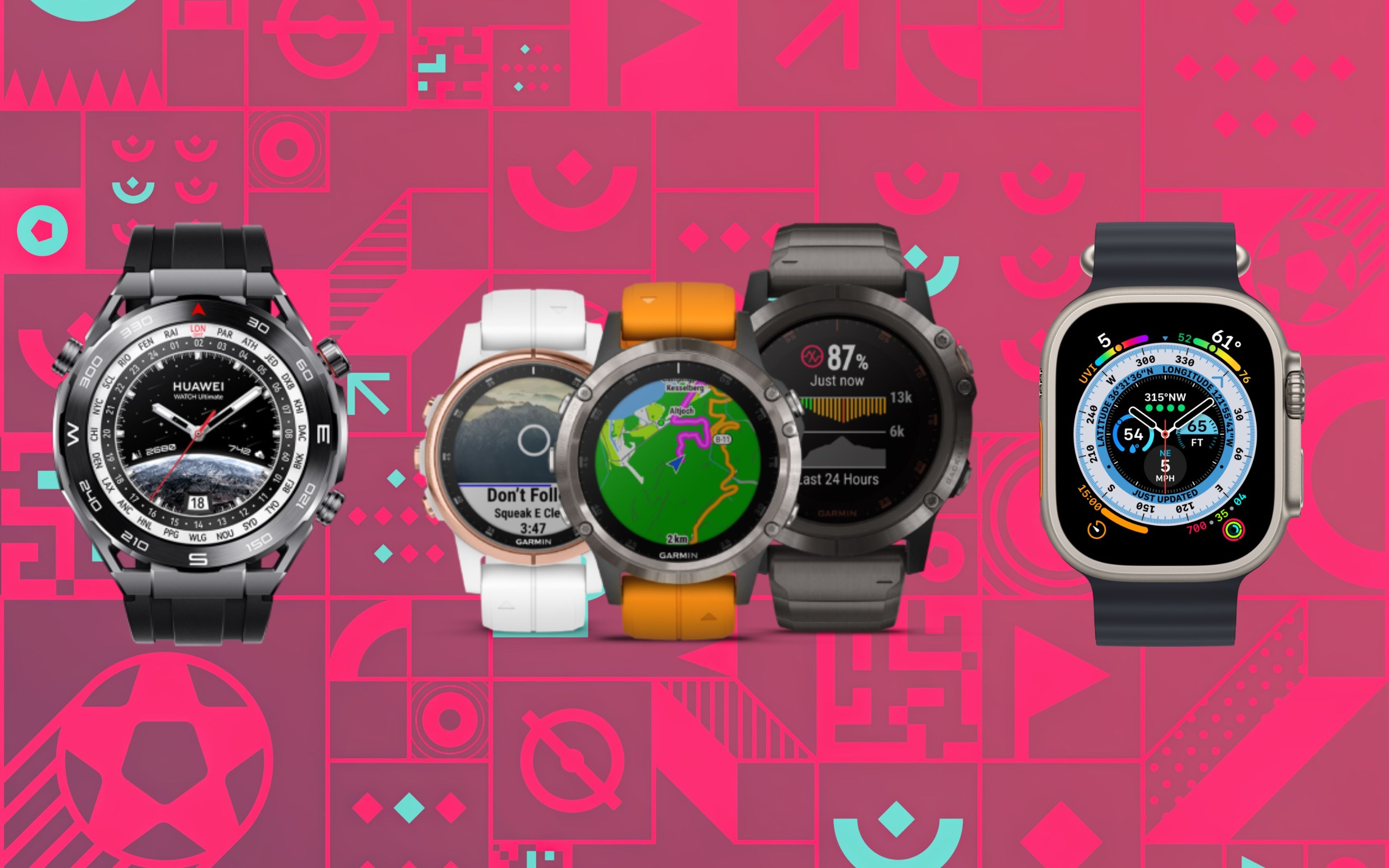 De izquierda a derecha: Huawei Watch Ultimate, Garmin Fenix 5 Plus y Apple Watch Ultra