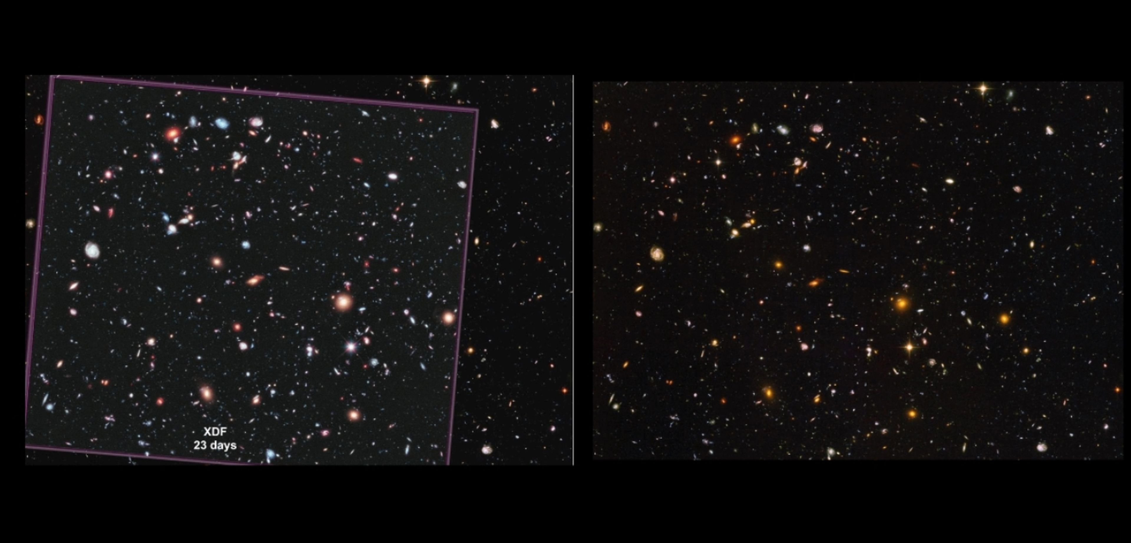 Image captured by JWST (left) and image captured by Hubble (right).