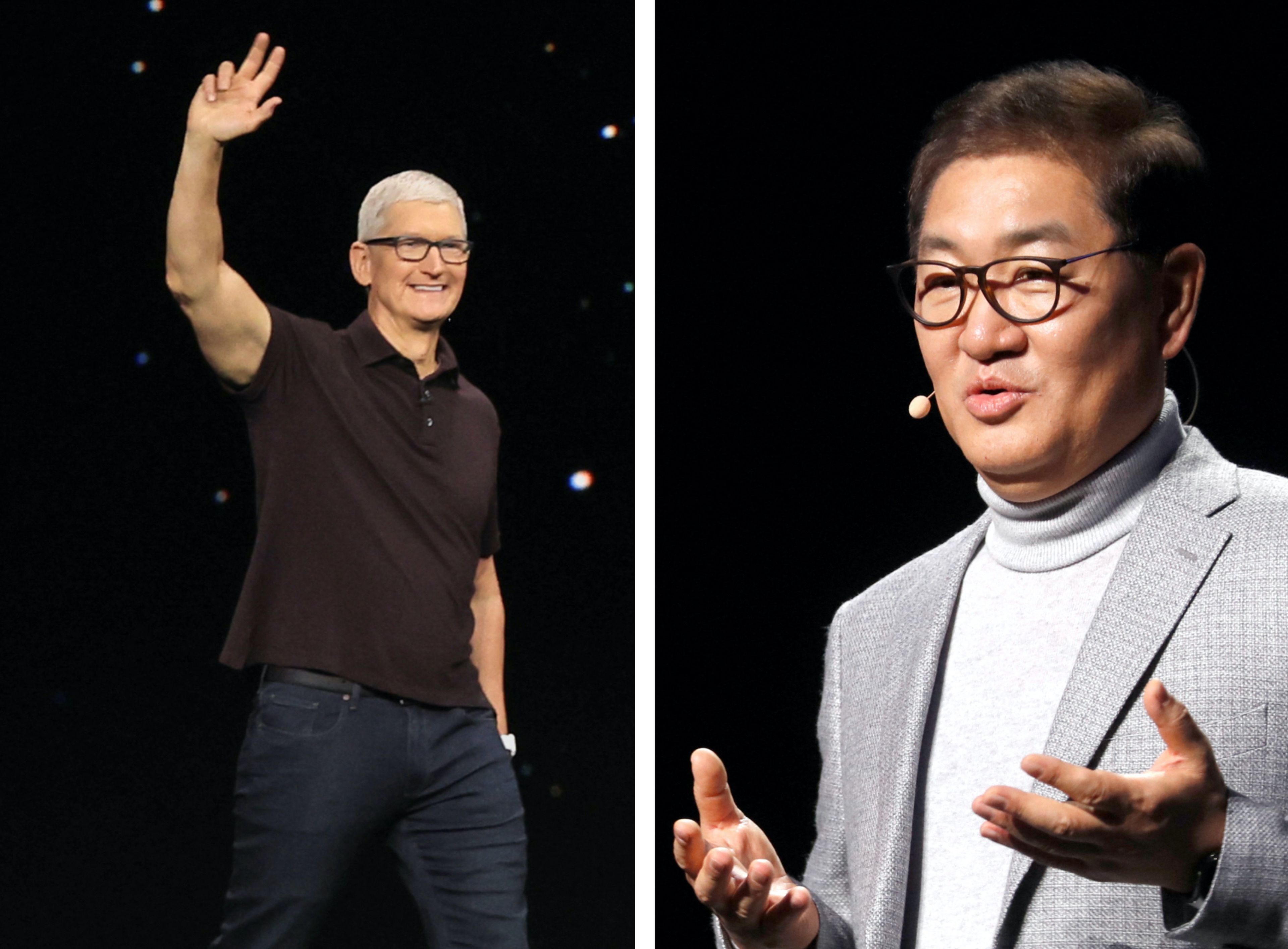 Tik Cook, CEO de Apple (izquierda), y Jong-Hee Han, CEO de Samsung Device eXperience (derecha).