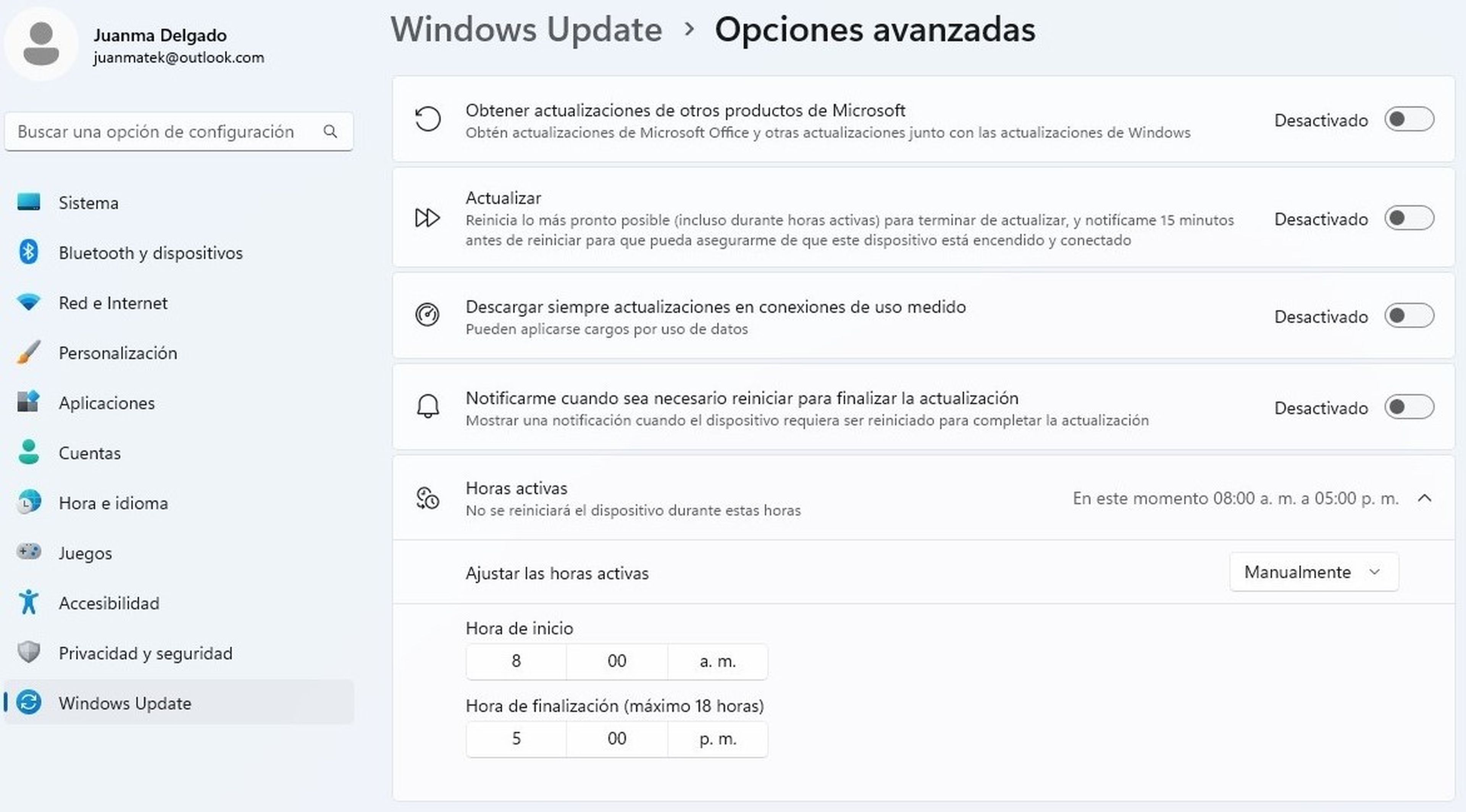 Configuración Horas activas en Windows 11
