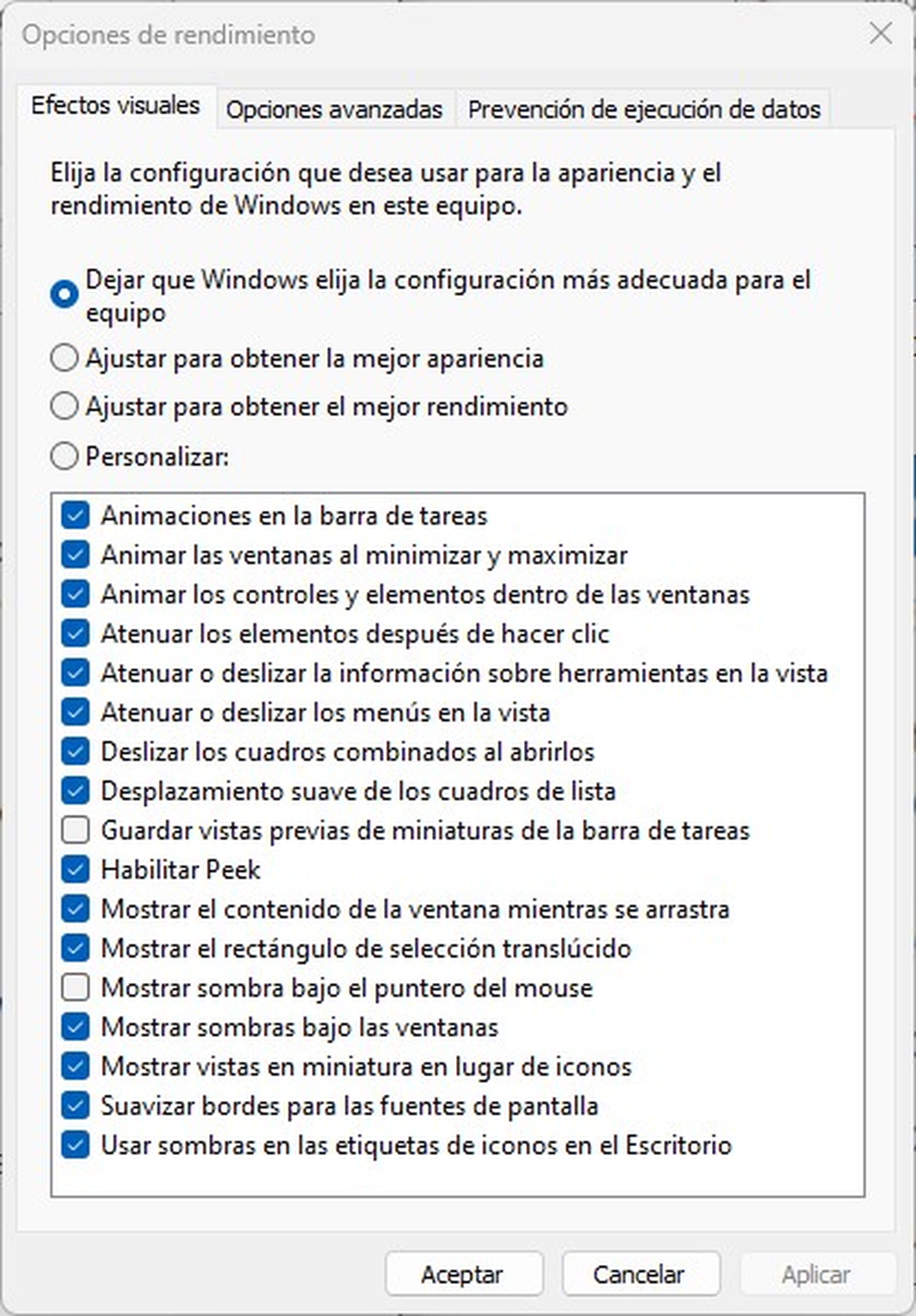 Efectos y animación Windows 11