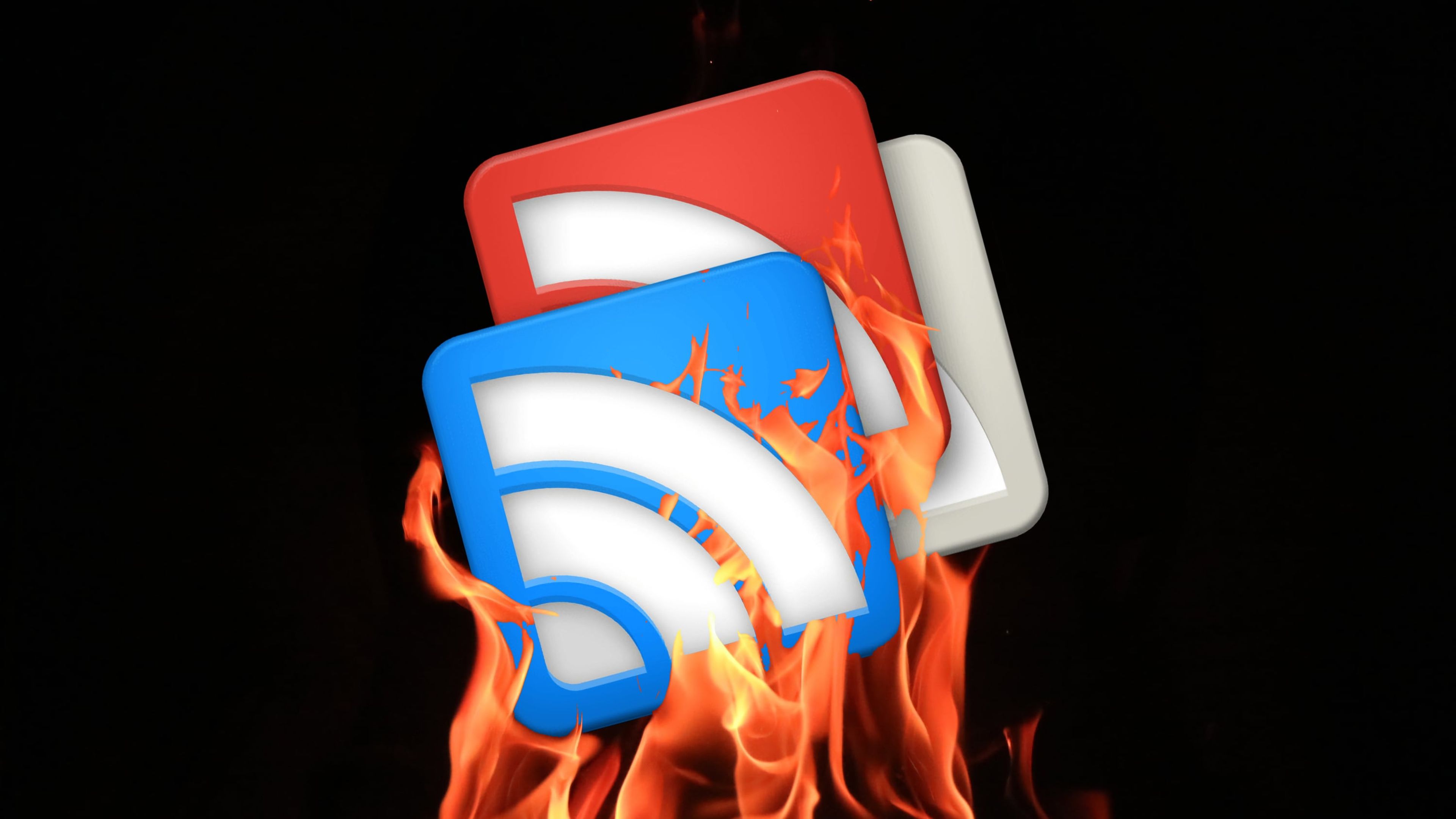 Icono de Google Reader envuelto en llamas