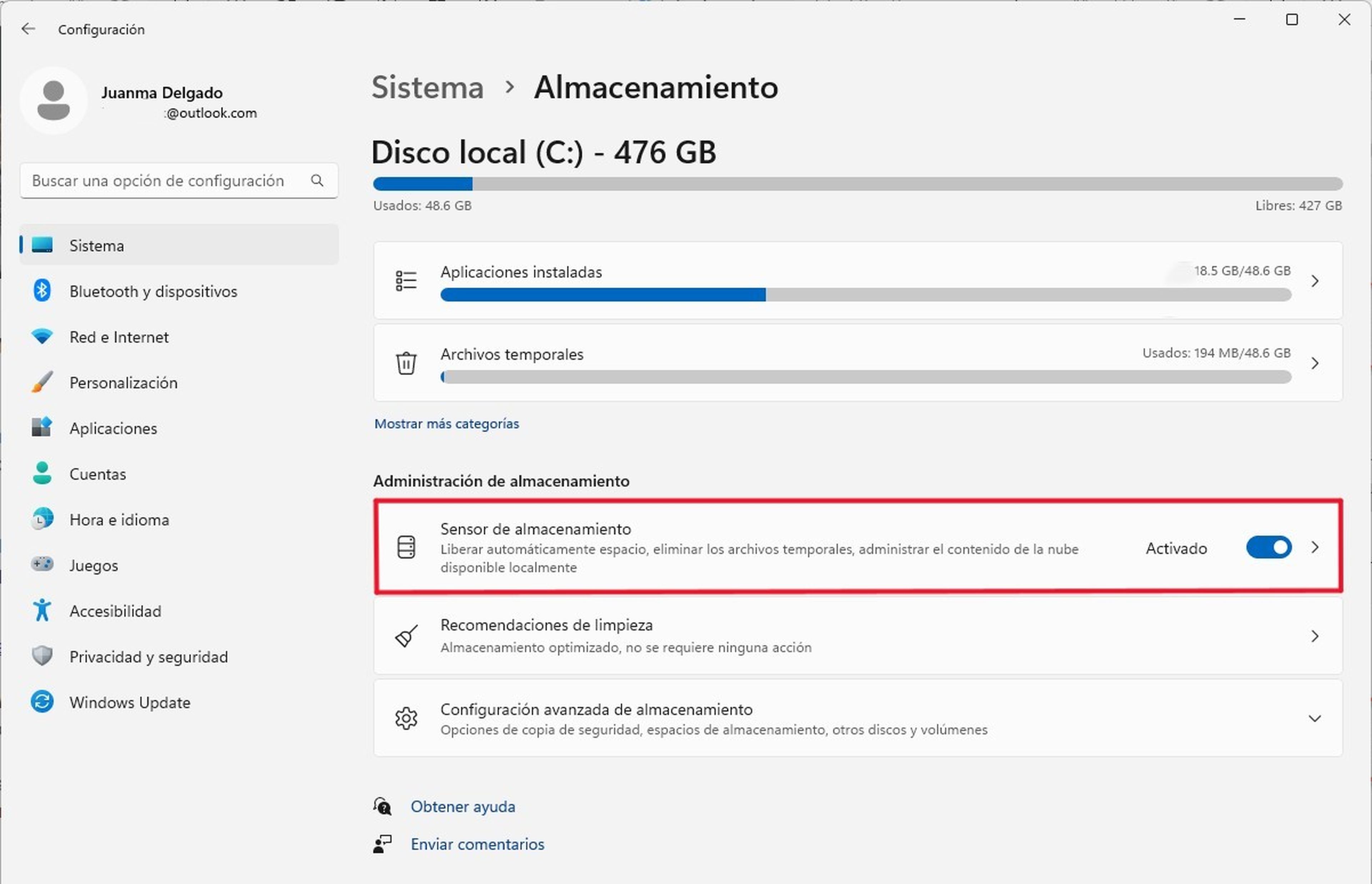 Sensor de almacenamiento Windows 11