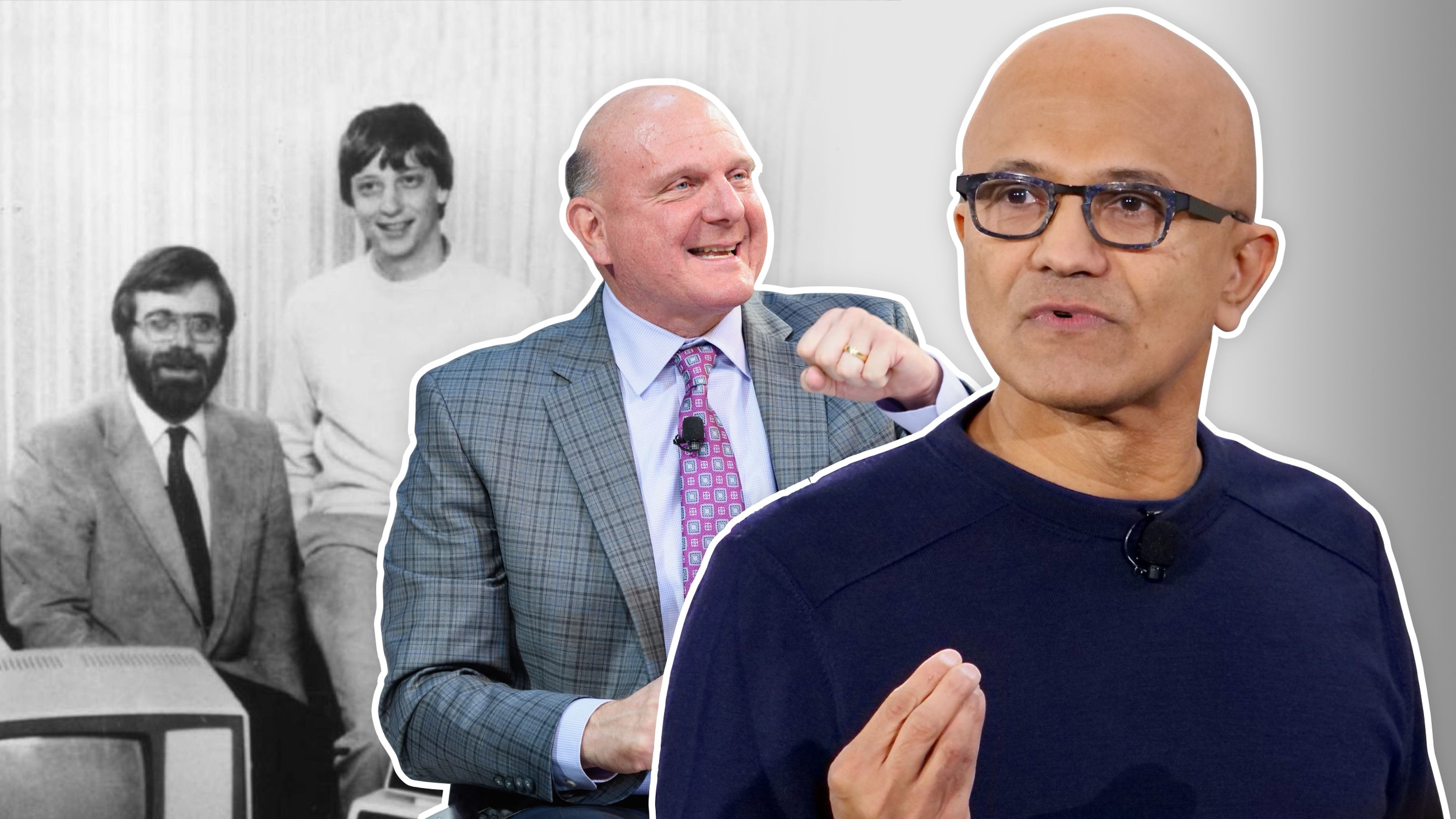 Fundadores de Microsoft Bill Gates y Paul Allen, Steve Ballmer y el actual CEO Satya Nadella