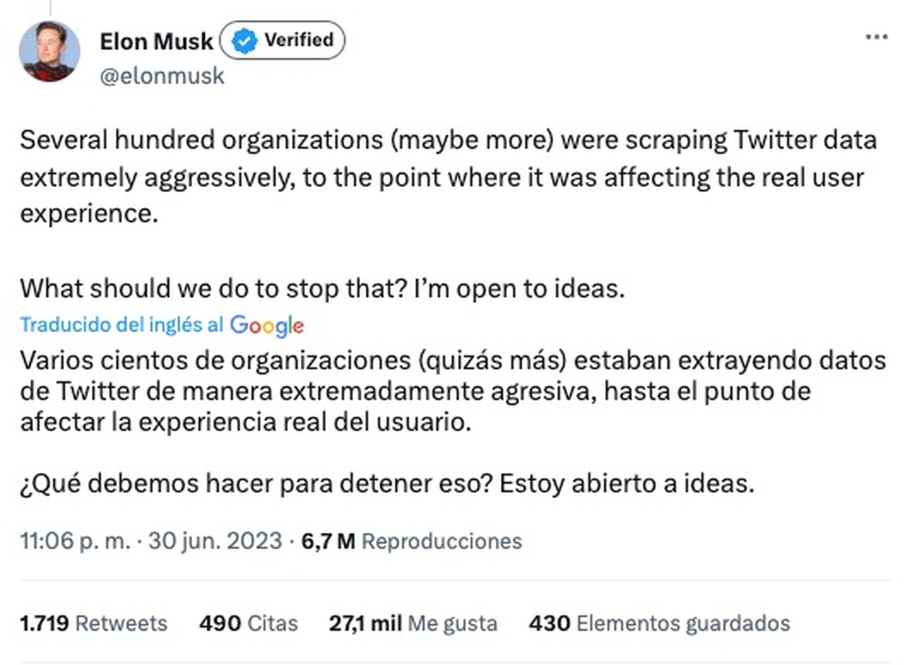 Tweet de Elon Musk anunciando el supuesto ataque DDOS