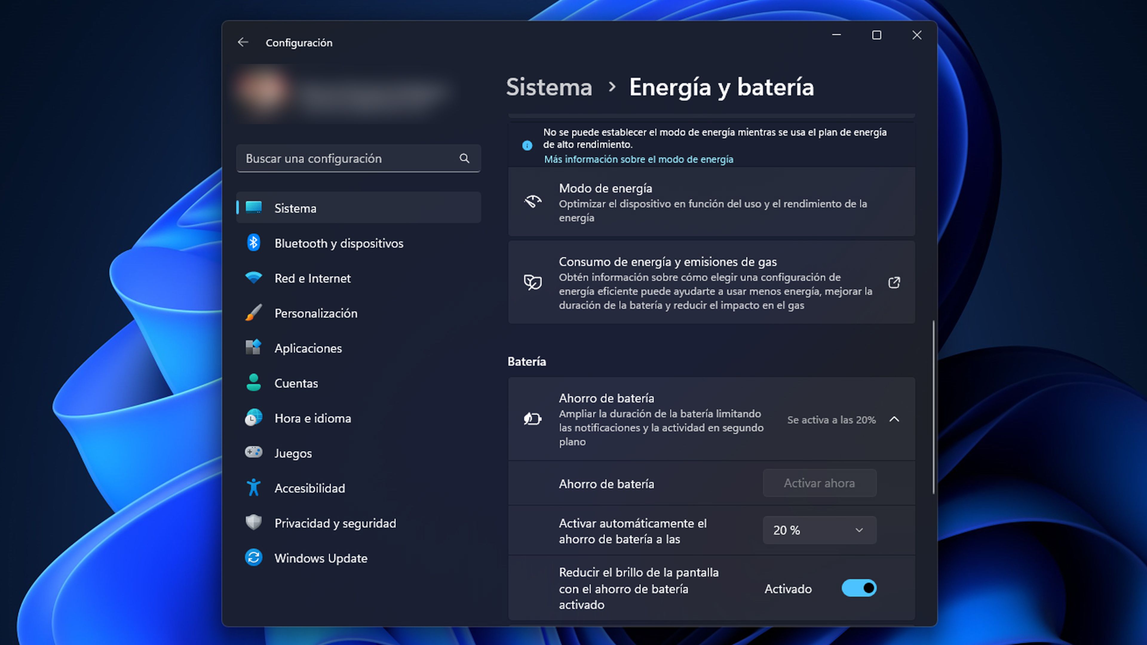 Ahorro de energía en Windows 11