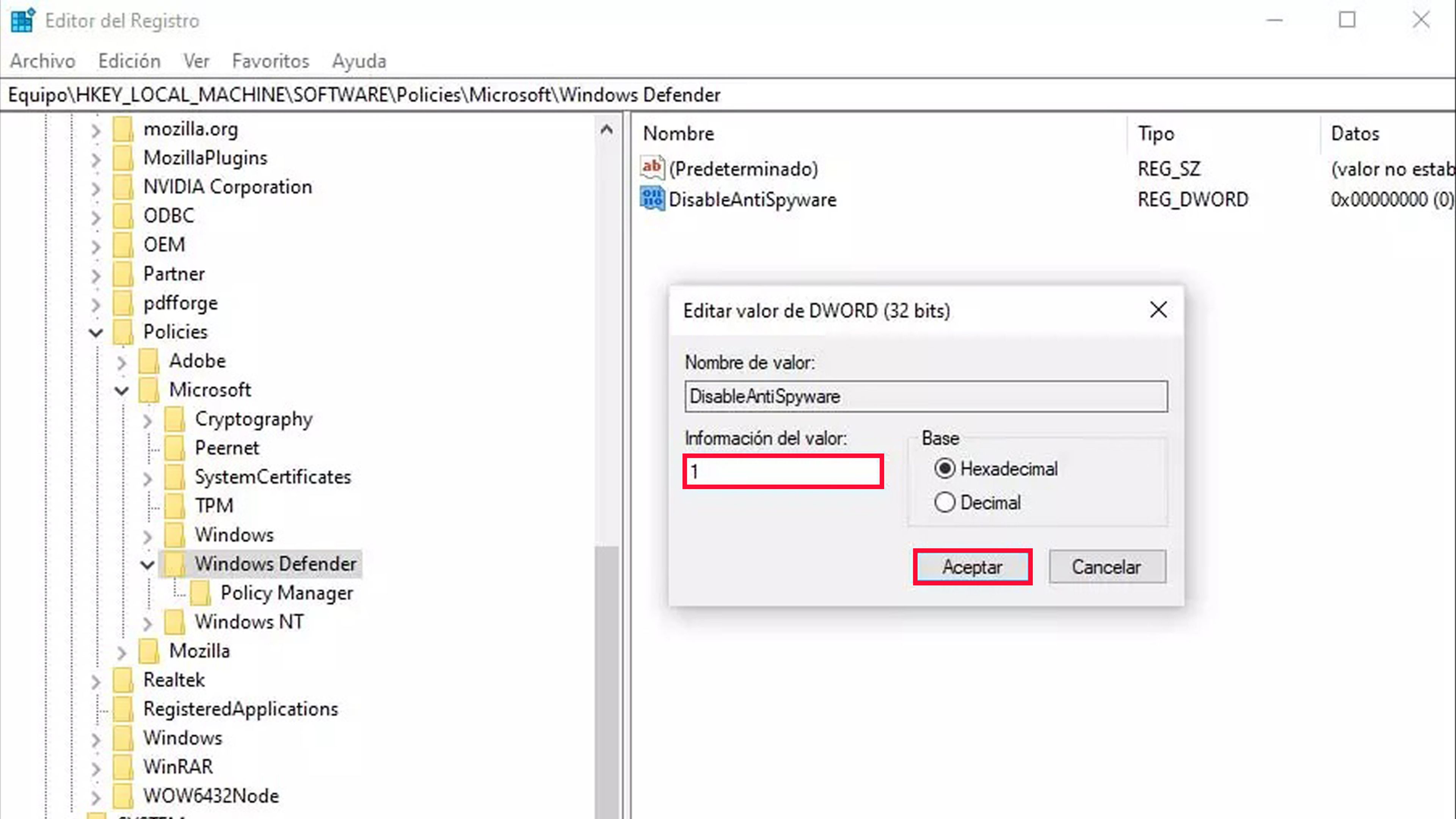 Anular Windows Defender con el registro de Windows
