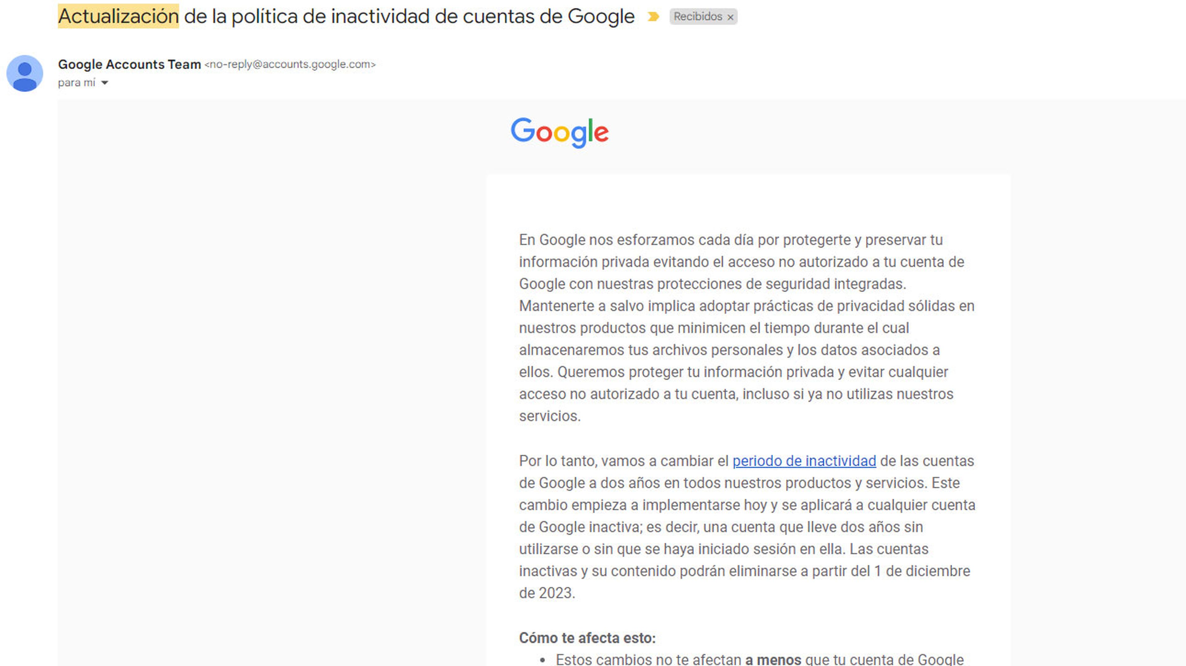 Aviso Google sobre cuentas Gmail