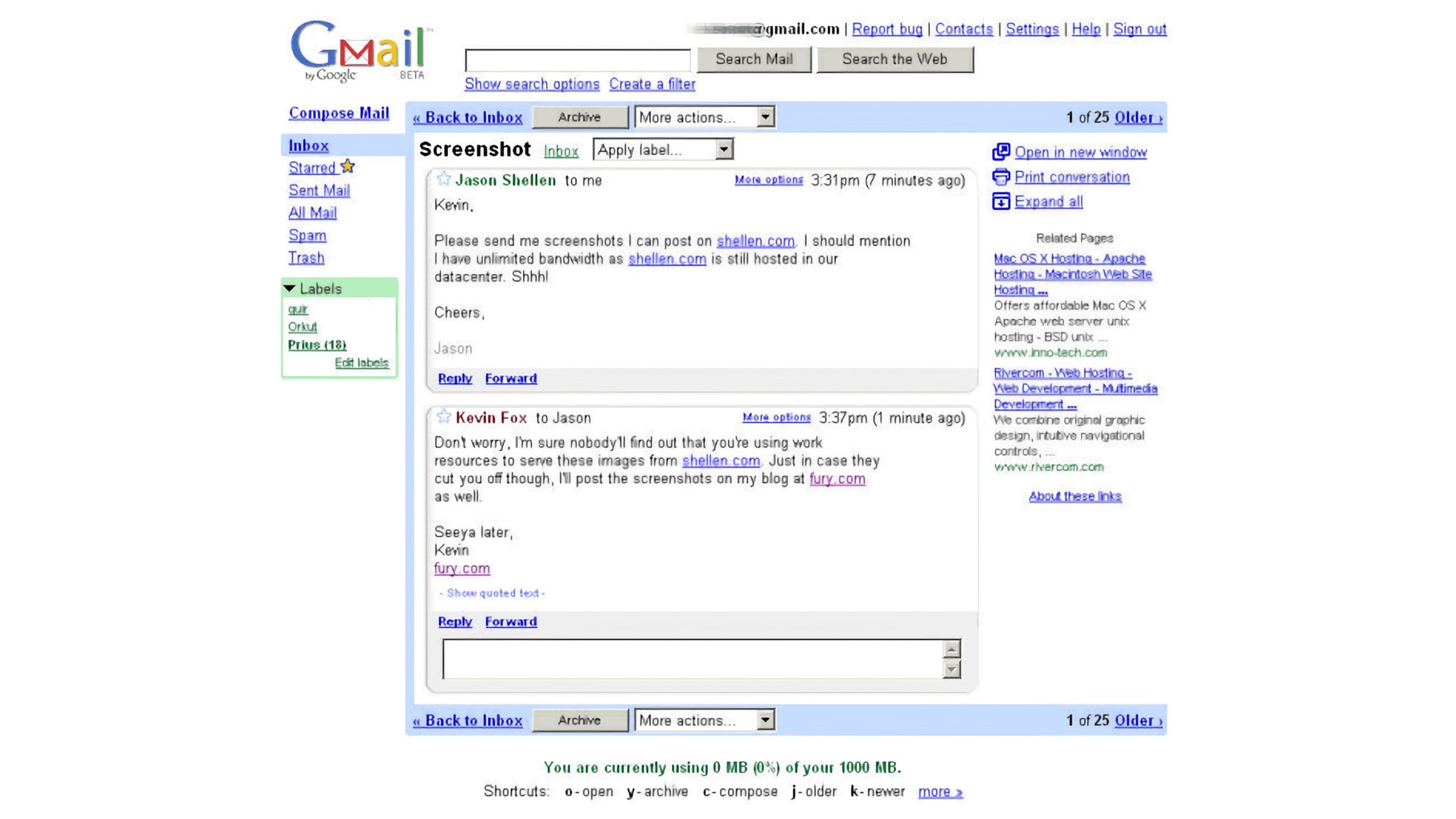 Captura de pantalla de Gmail en 2004