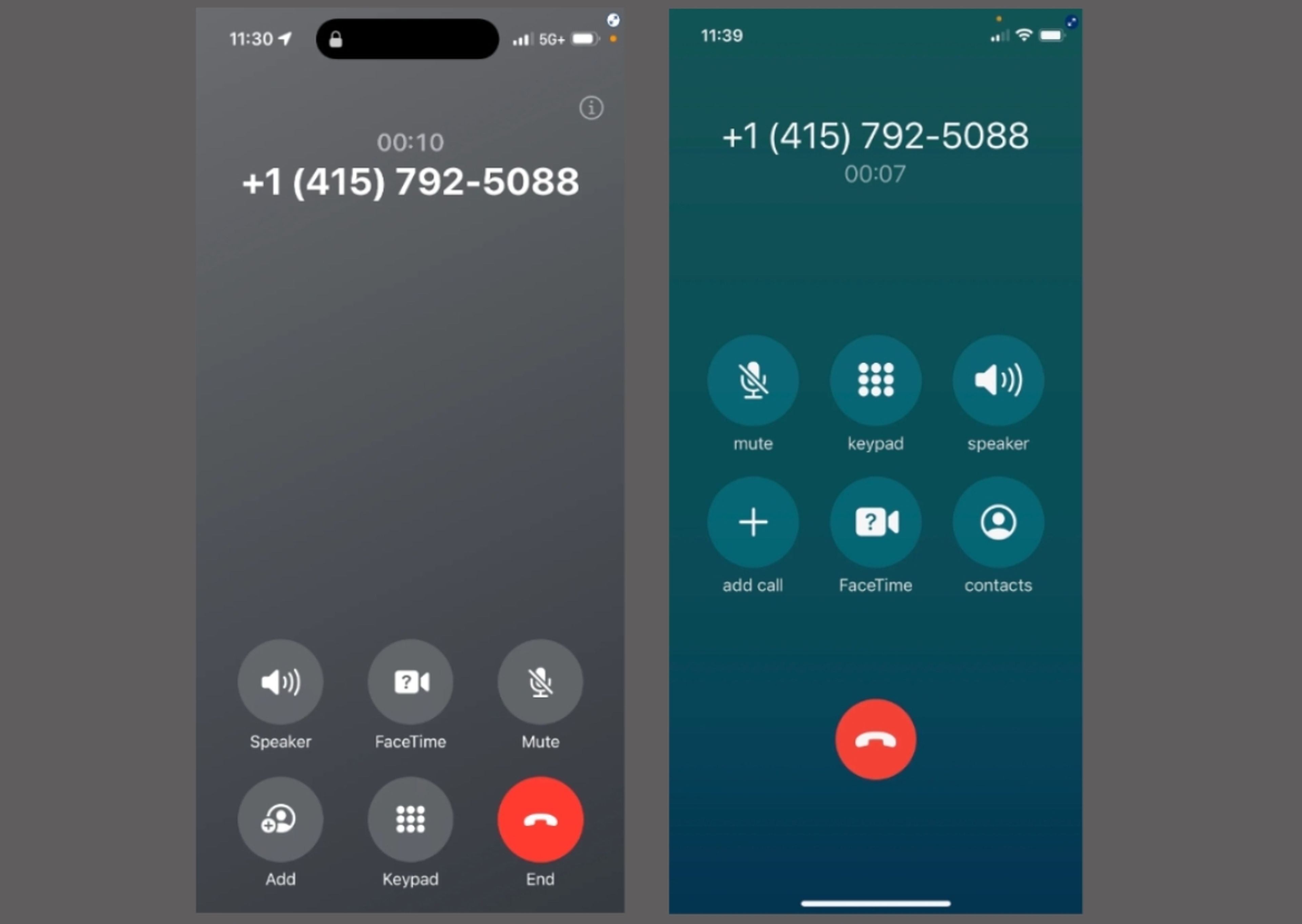 Así es como se ve la nueva interfaz de llamadas en una versión beta de iOS 17 (izquierda) y su comparación con iOS 16 (derecha).