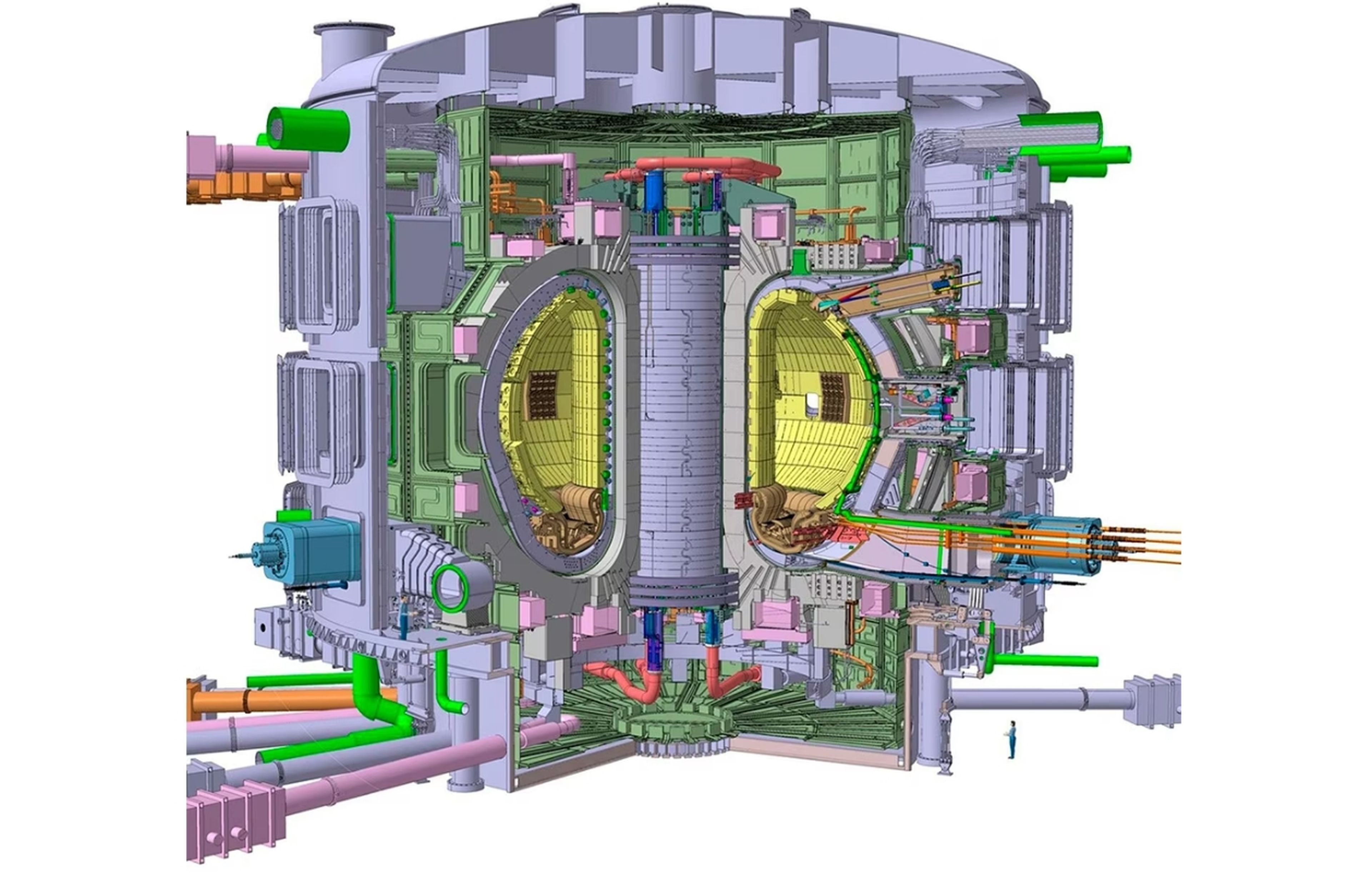 Esquema de un tokamak, el núcleo del reactor experimental ITER, en el que se pretende reproducir las reacciones de fusión que tienen lugar en el Sol y otras estrellas con el objetivo de generar energía.  Fuente: BBVA.