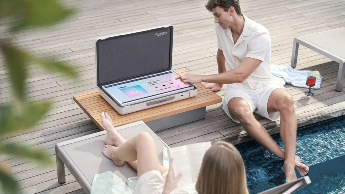 This is the new LG StanbyME Go TV that you can carry in a suitcase