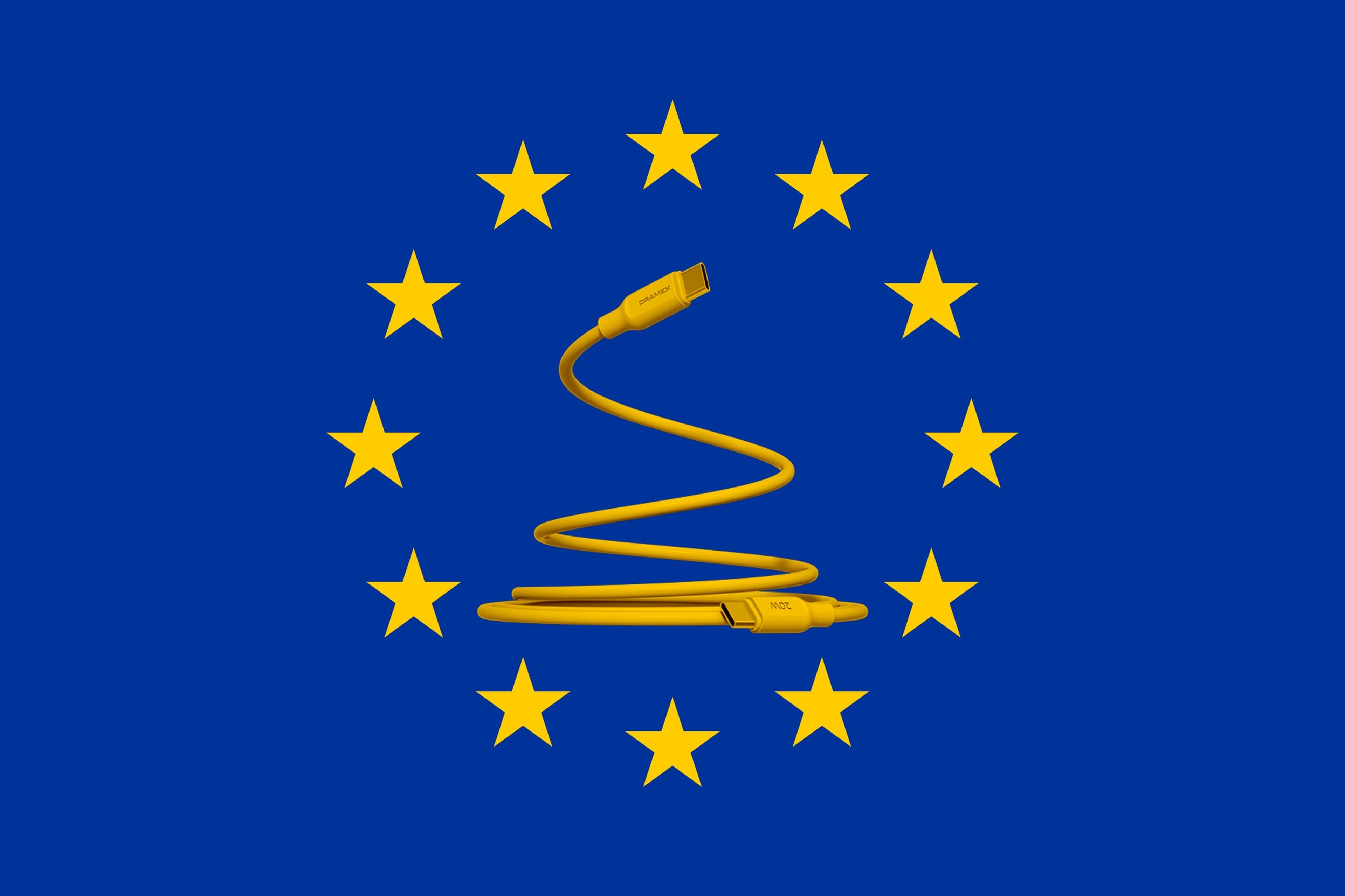 Bandera de la Unión Europea con un cable USB-C