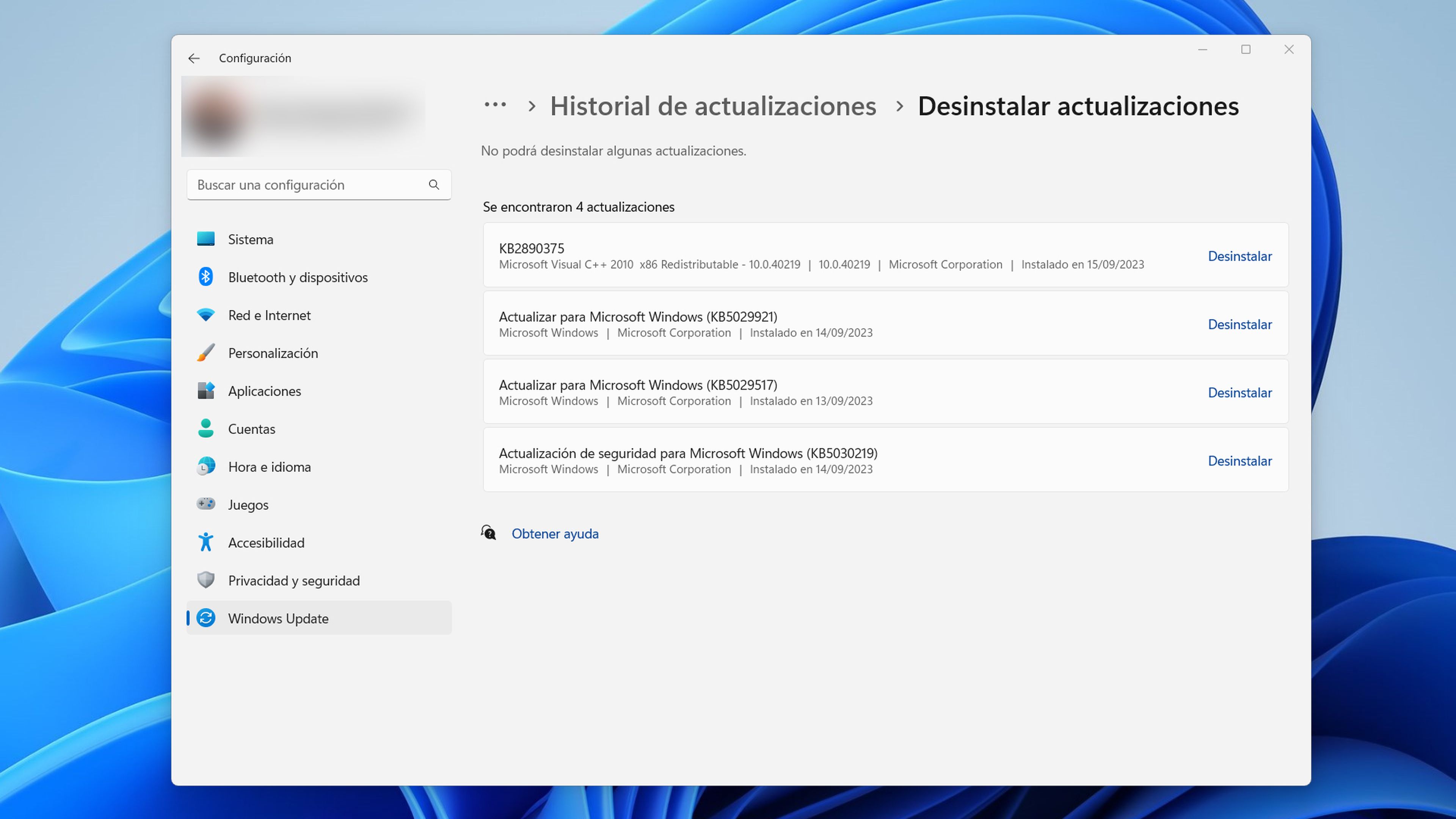 Desinstalar actualizaciones problemáticas