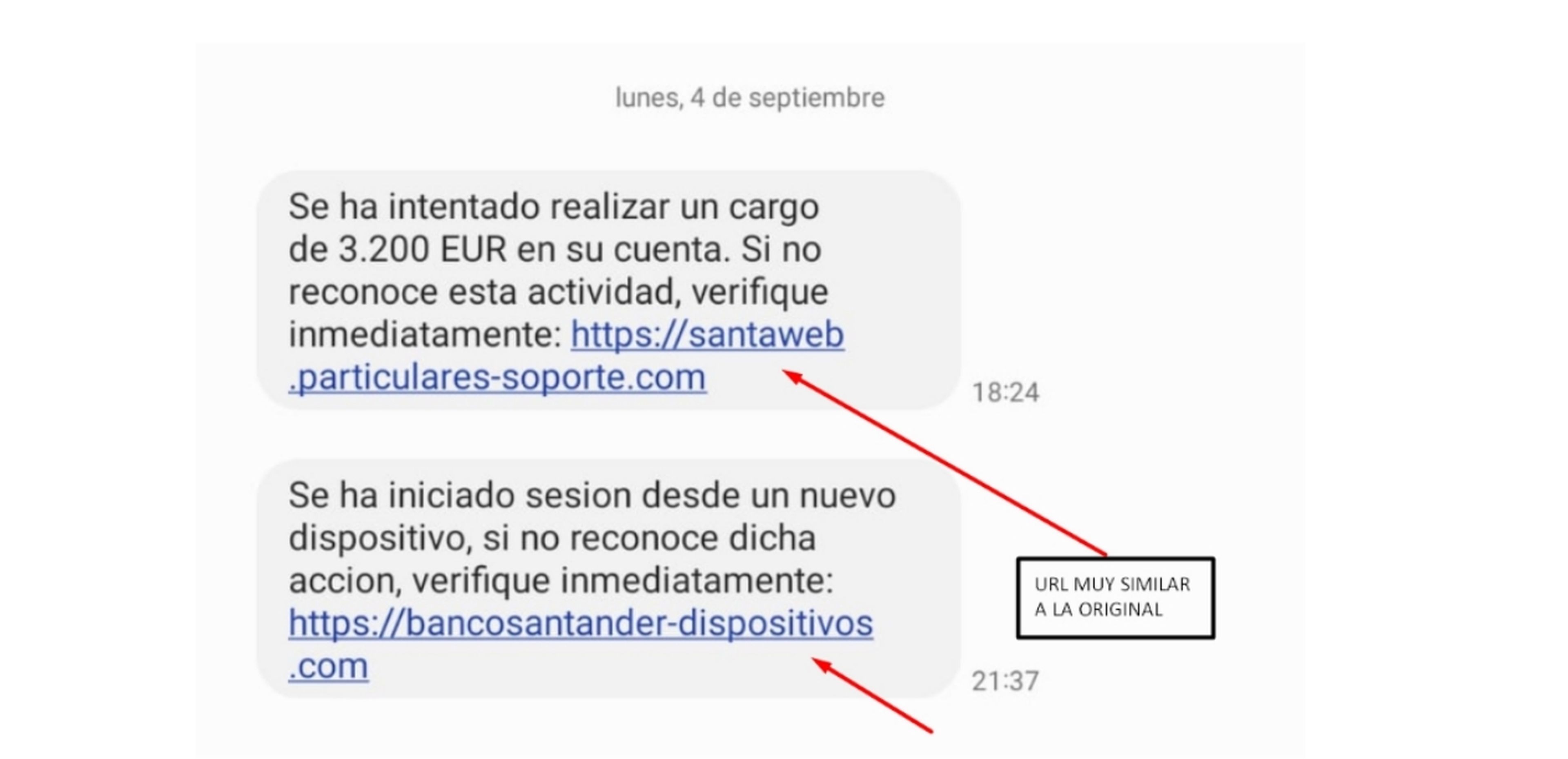 Ejemplos recibidos el 4 de septiembre en el hilo legítimo del Banco Santander. Fuente: Computer Hoy.