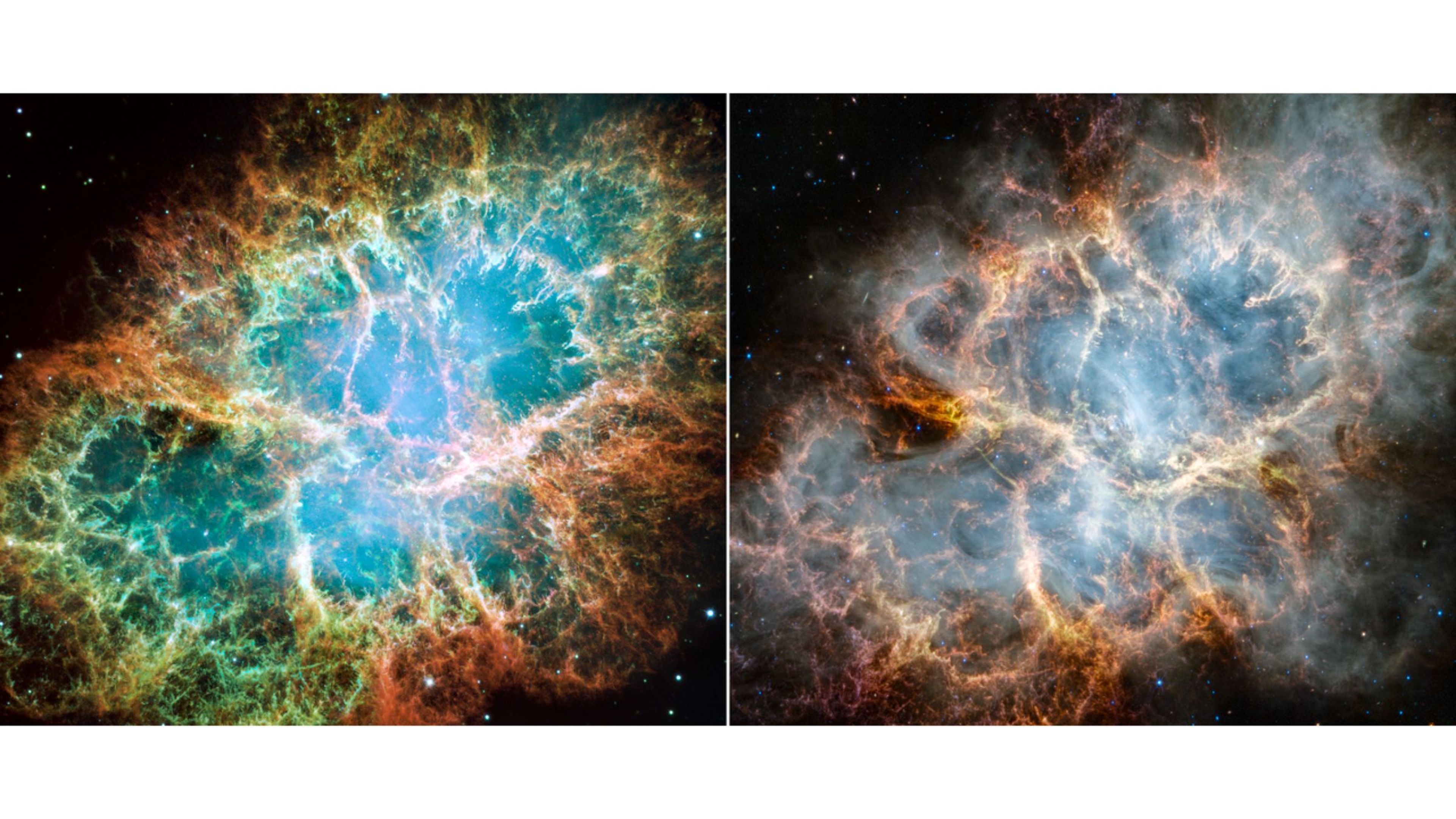 Webb y Hubble fotos comparadas de la Nebulosa del Cangrejo. Fuente: NASA