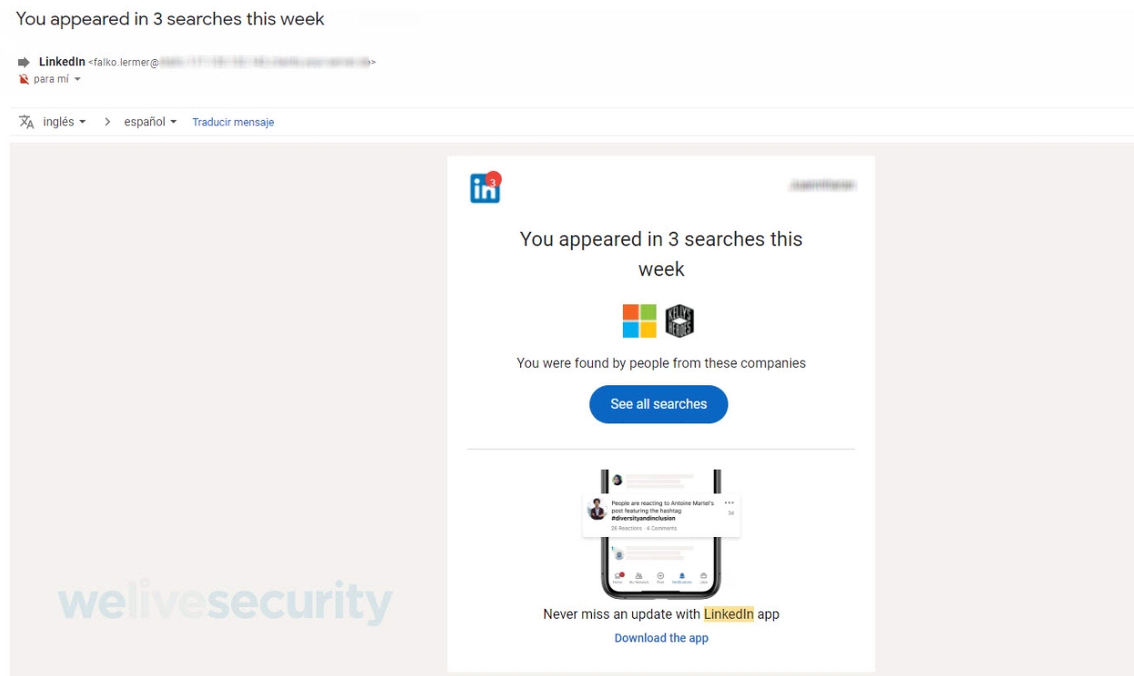 Ejemplo de correo de 'phishing' haciéndose pasar por LinkedIn, Fuente: welivesecurity.