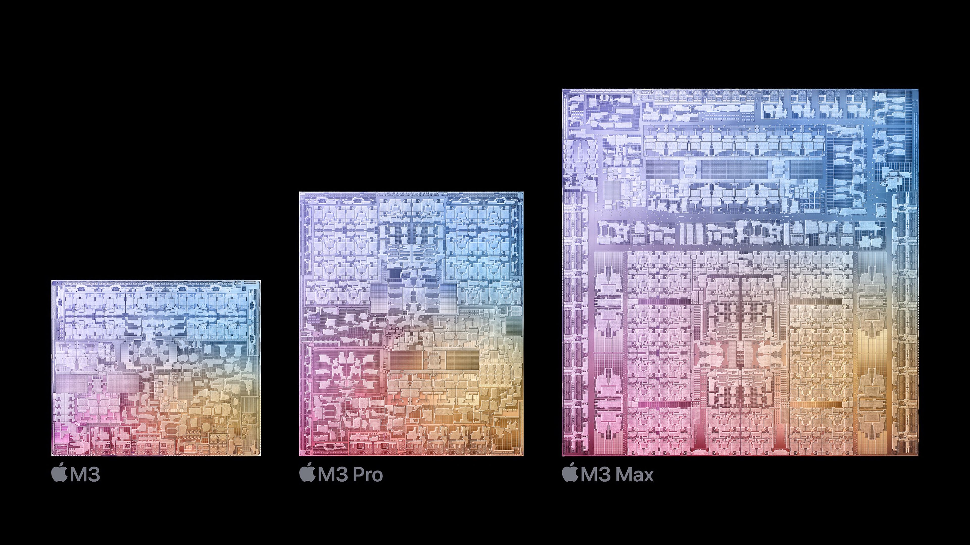 Diferencias en tamaño de los chips M3, M3 Pro y M3 Max