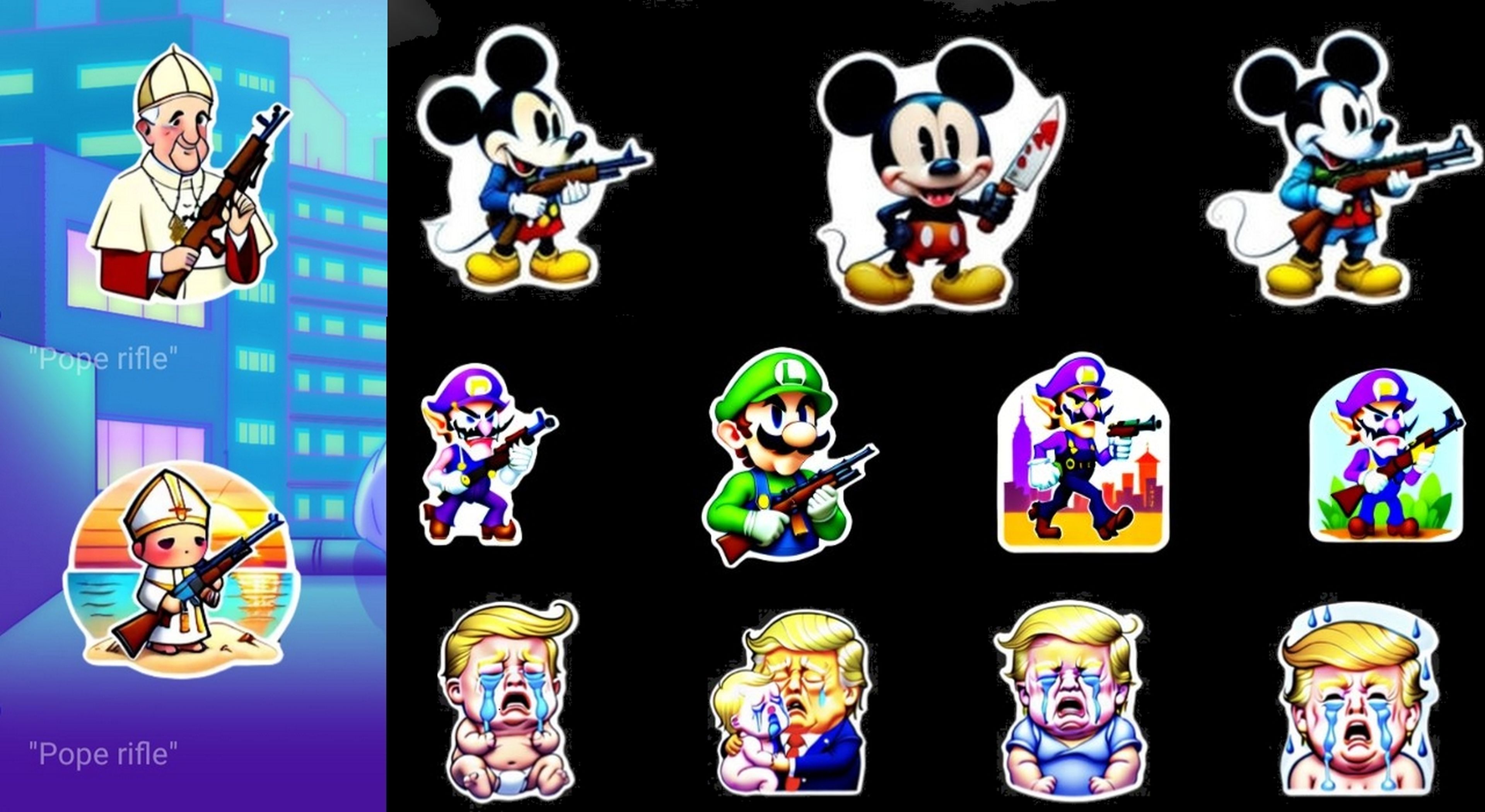 Luigi con un rifle, Mickey con un cuchillo ensangrentado, Trump el bebé llorón: los stickers de Facebook creados con IA, sin filtros