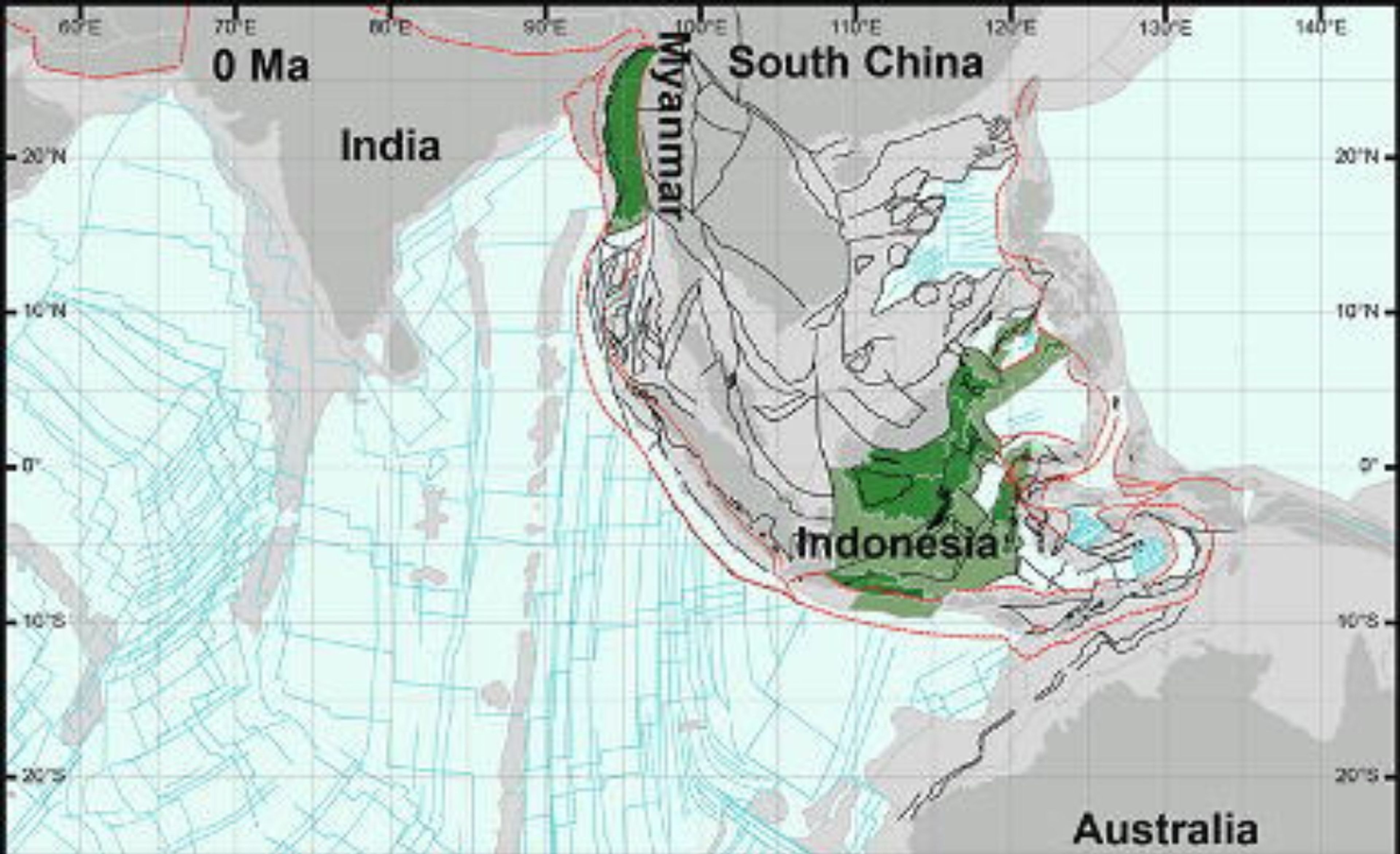Los fragmentos de Argolandia, que se muestran en verde en este mapa actual, se han desplazado en su mayoría hacia el lado oriental de Indonesia, mientras que algunos han migrado hacia Myanmar. Fuente: Advokaat & Hinsbergen, 2023.
