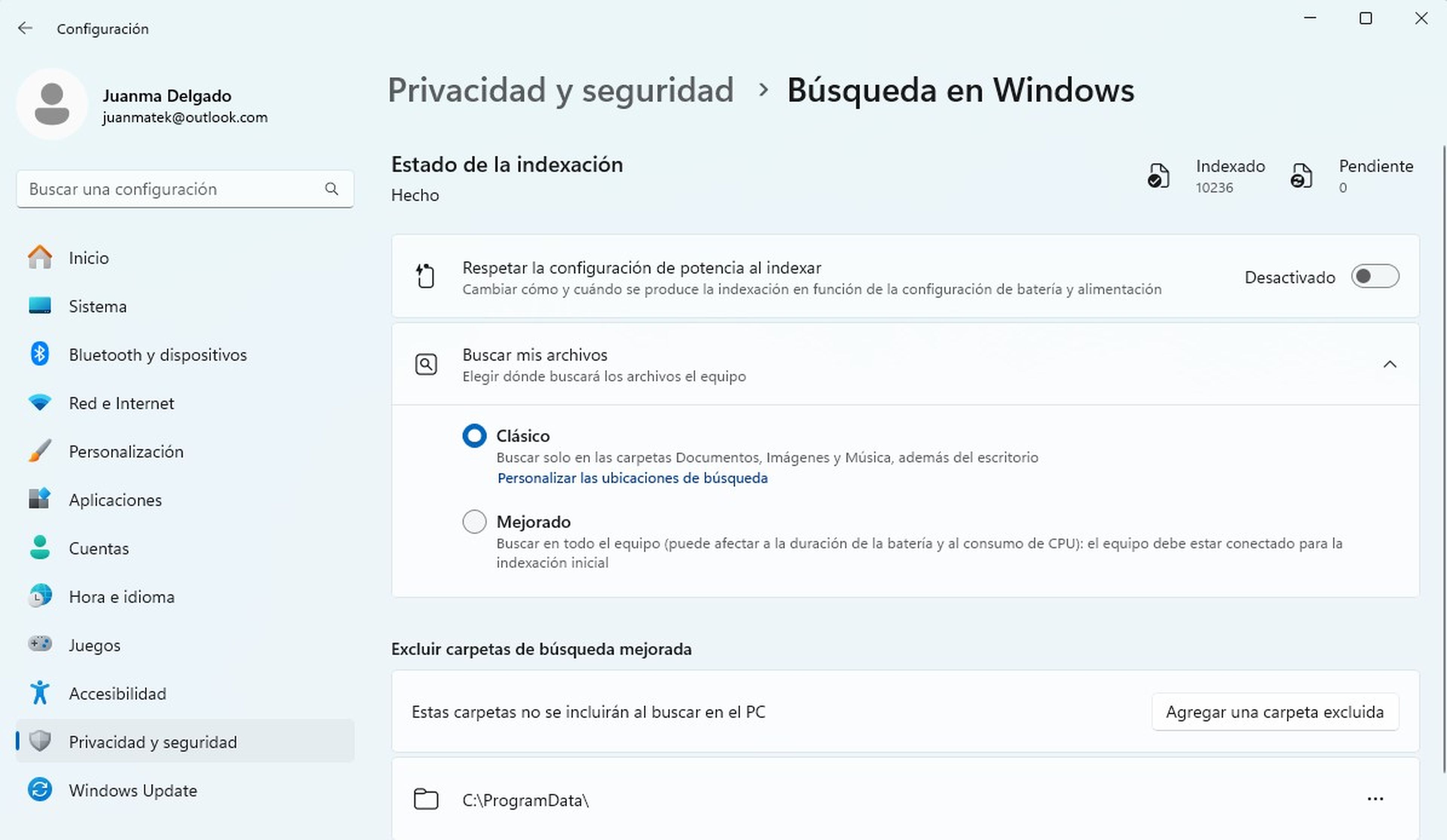 Personalizar la configuración para crear y actualizar índices