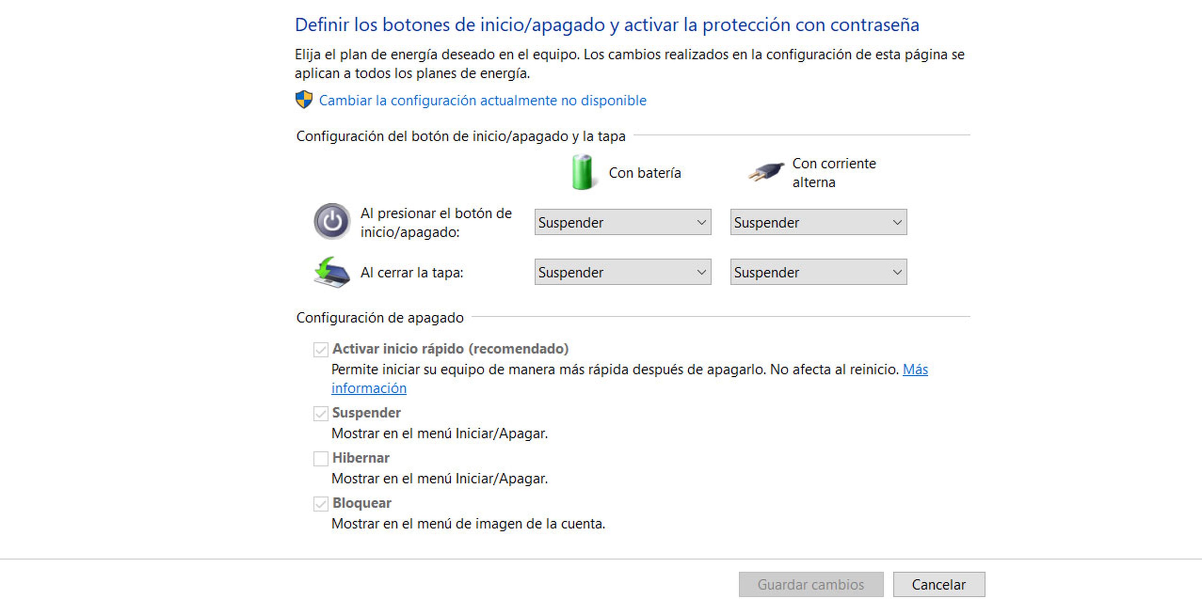 Configuración inicio rápido Windows 10