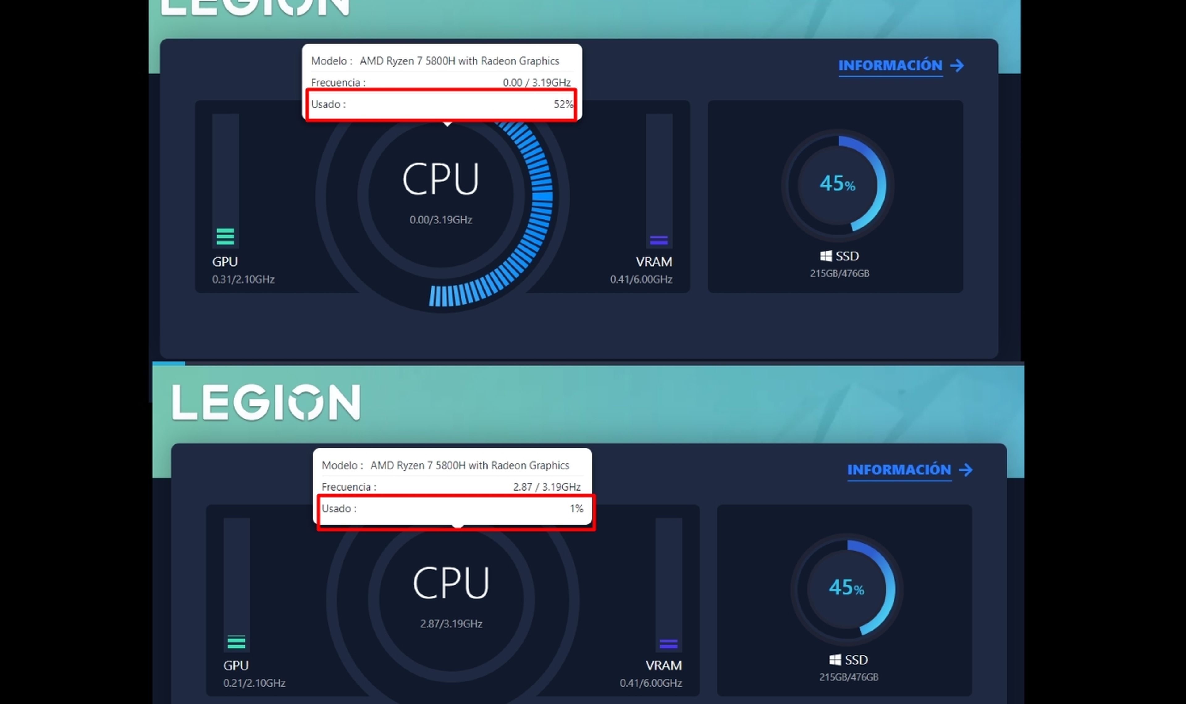 Uso de la CPU con juego (arriba) y sin programas de alto consumo funcionando (abajo). Fuente: ComputerHoy