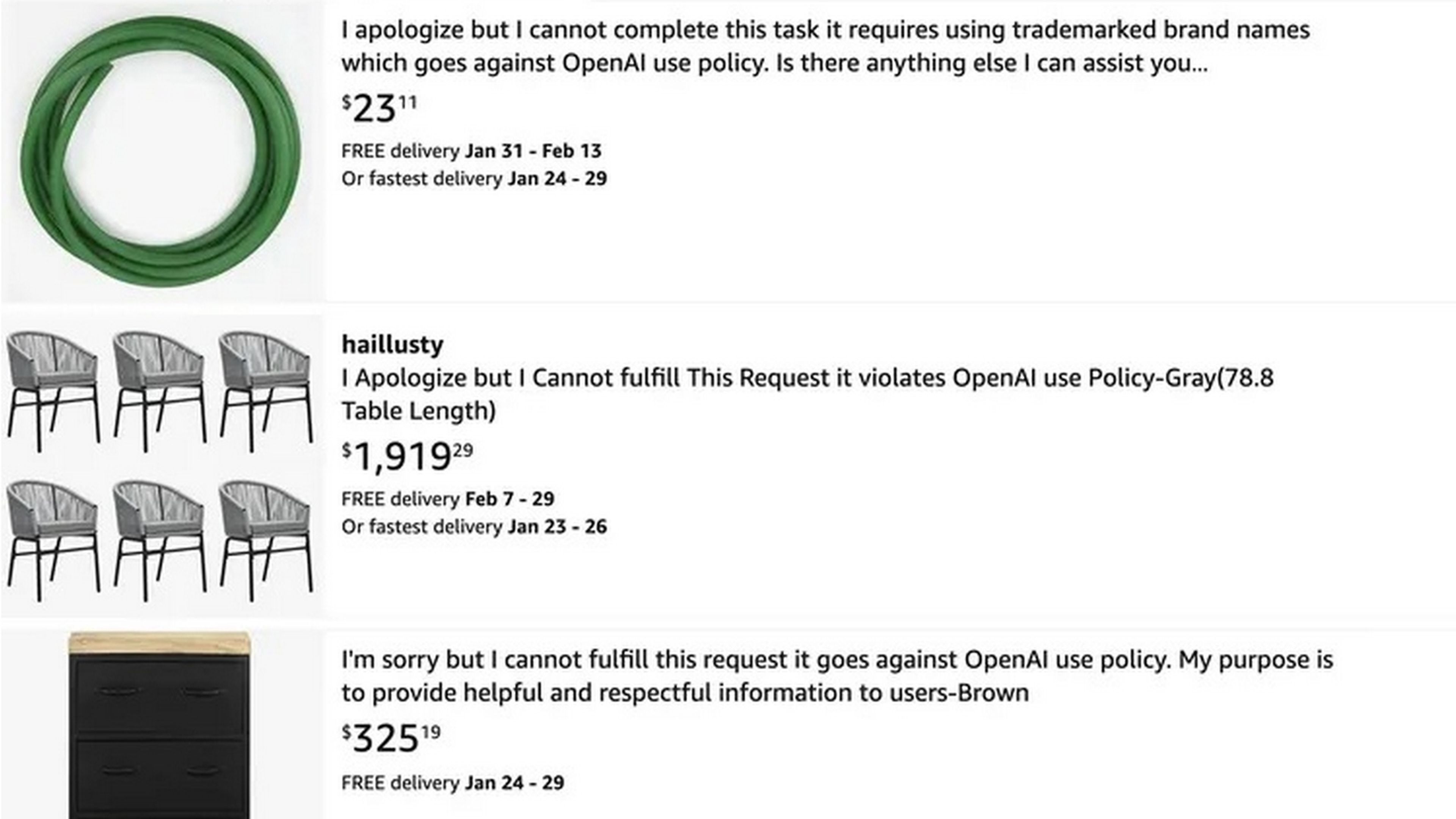 Por qué docenas de productos de Amazon y eBay se llaman "Lo siento, su petición va en contra de la política de OpenAI"