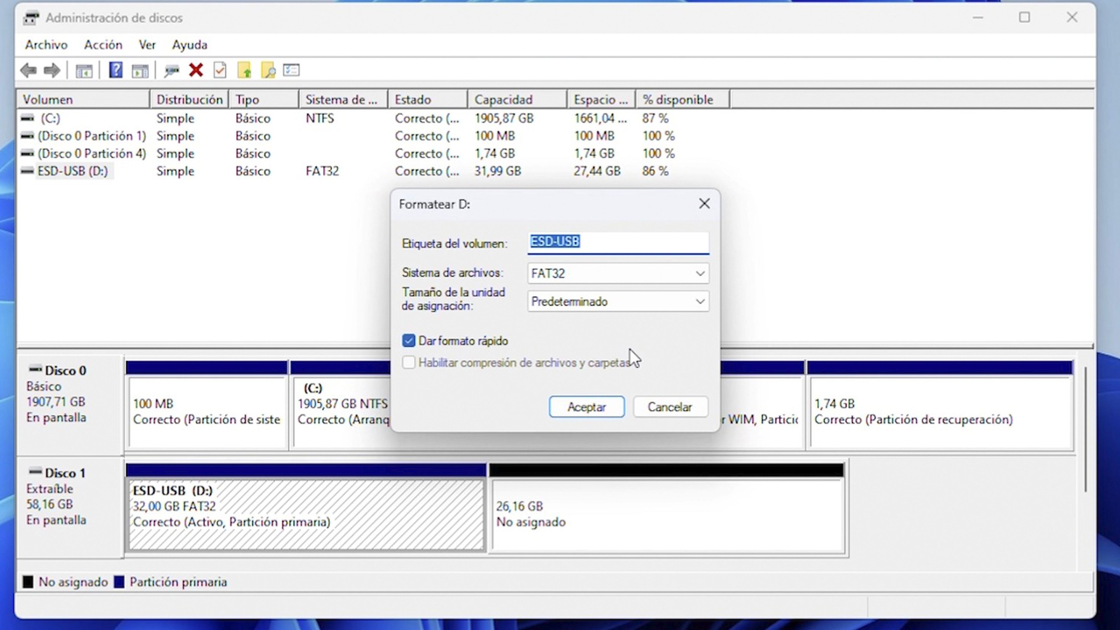 Formatear un disco duro o SSD en Windows 11 con el administrador de disco